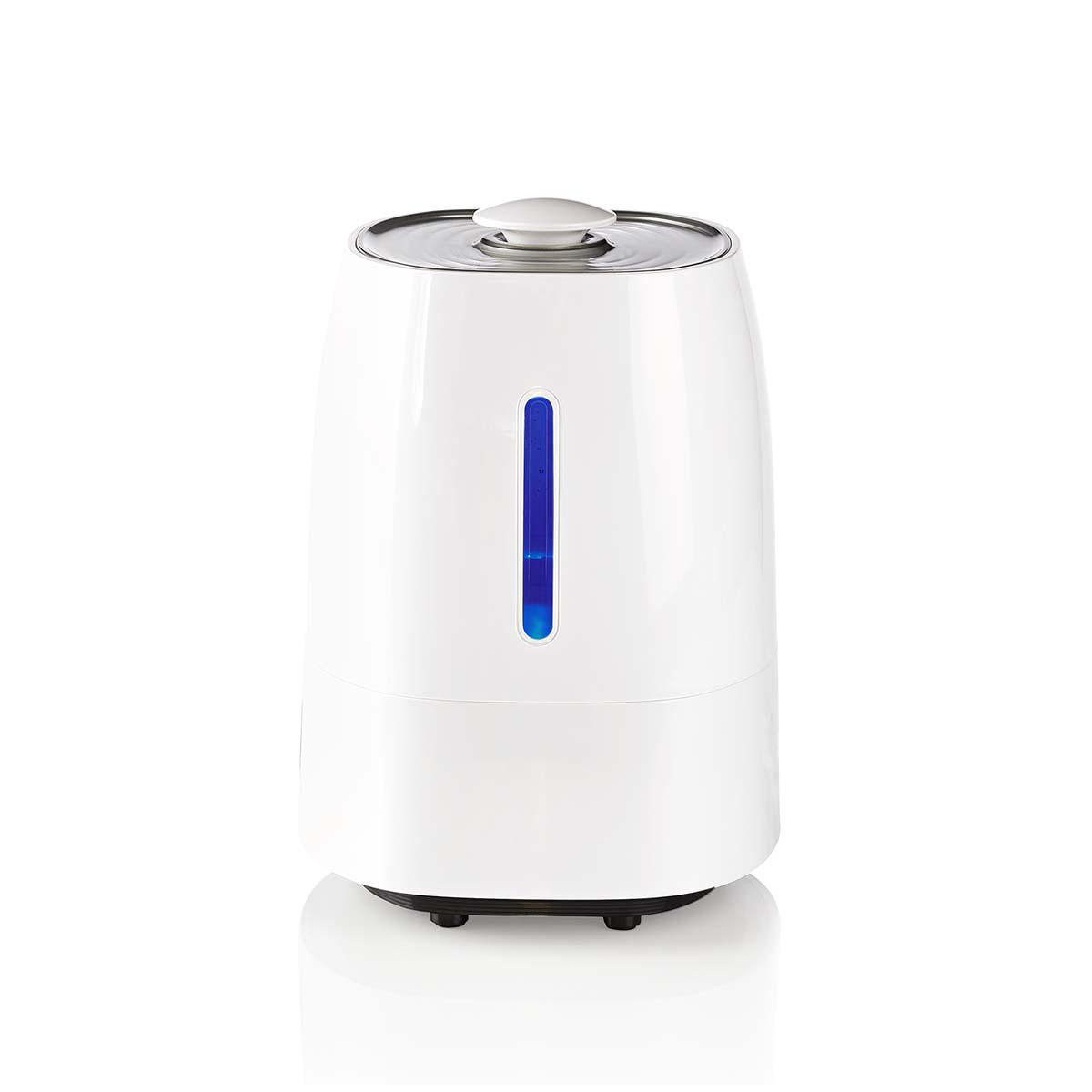 Umidificatore bianco con indicatore del livello dell'acqua blu.