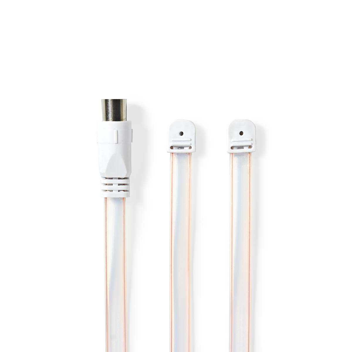 Weißes Kabel mit Stecker und zwei transparenten Röhren auf weißem Hintergrund.