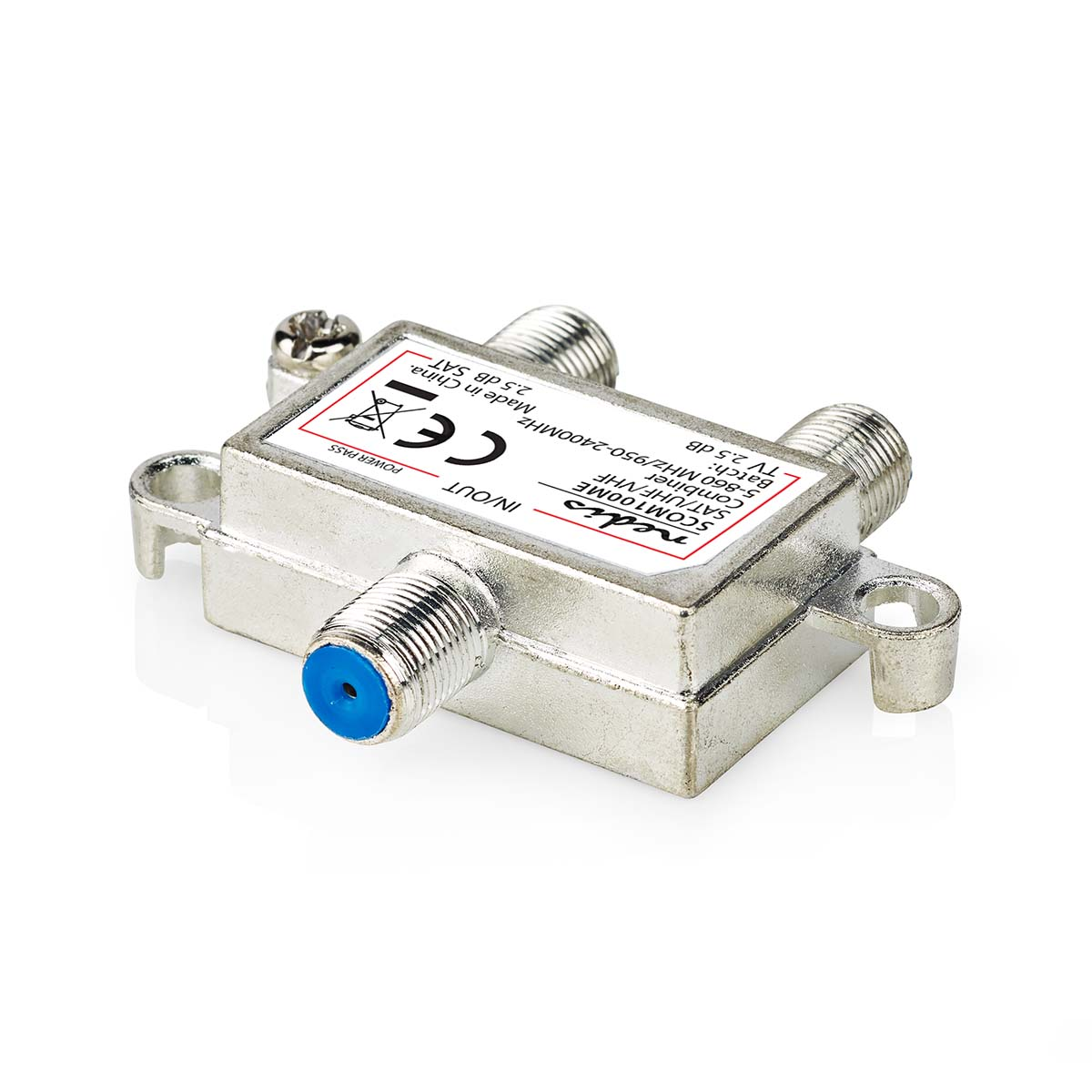 Een zilveren satellietsplitter met meerdere in- en uitgangspoorten.