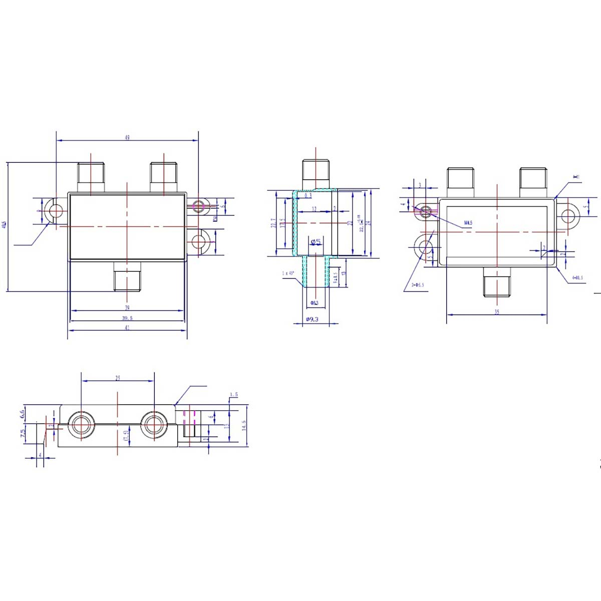 Technische tekening van een apparaat, met verschillende aanzichten en afmetingen. Lijnen en metingen. Wit.