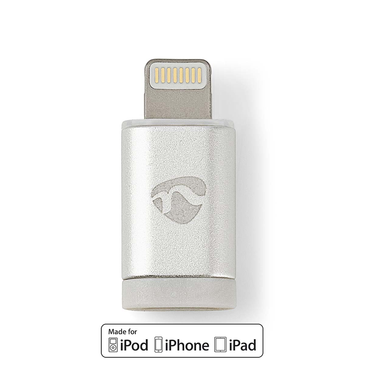 Un adaptateur Lightning vers USB argenté avec un logo, sur fond blanc.