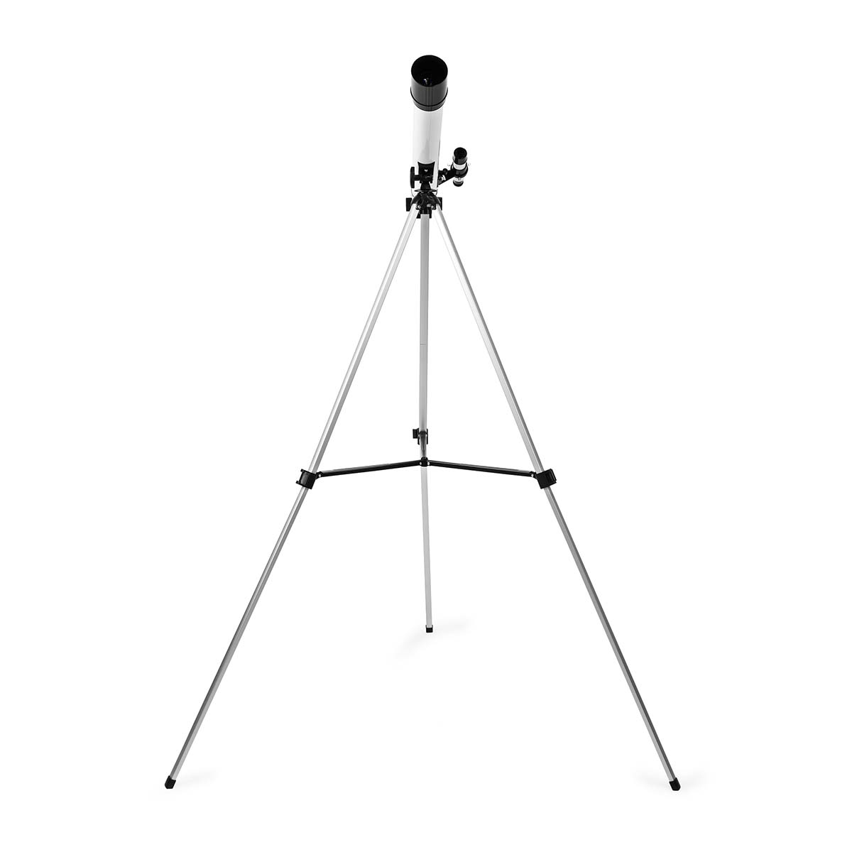 Un telescopio su un treppiede. Il telescopio è bianco e nero. Lo sfondo è bianco.