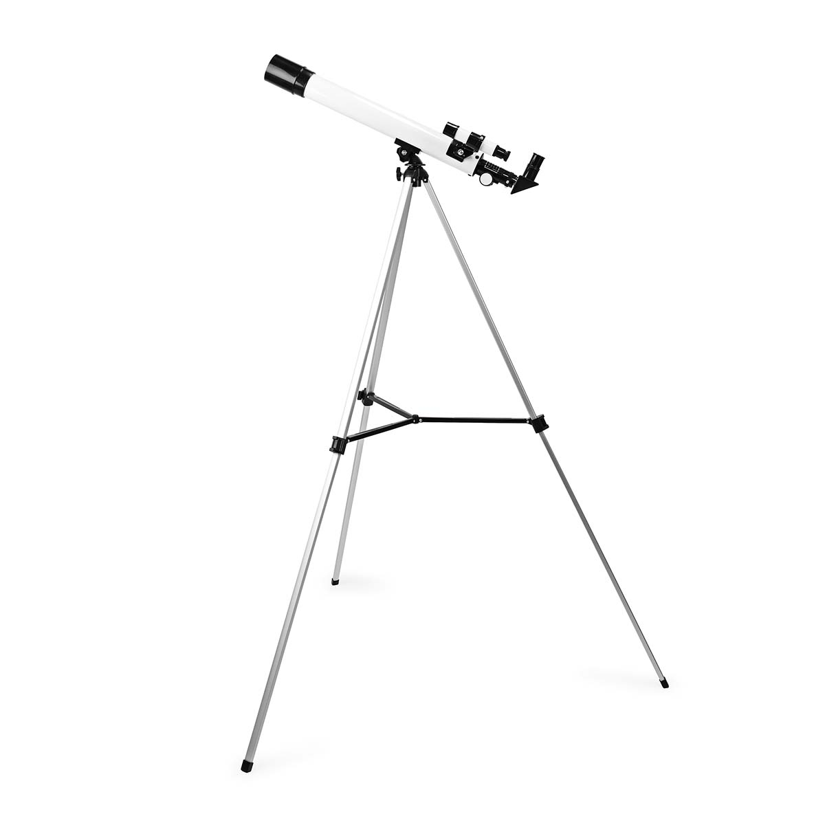 Telescopio bianco su un treppiede, isolato su sfondo bianco.