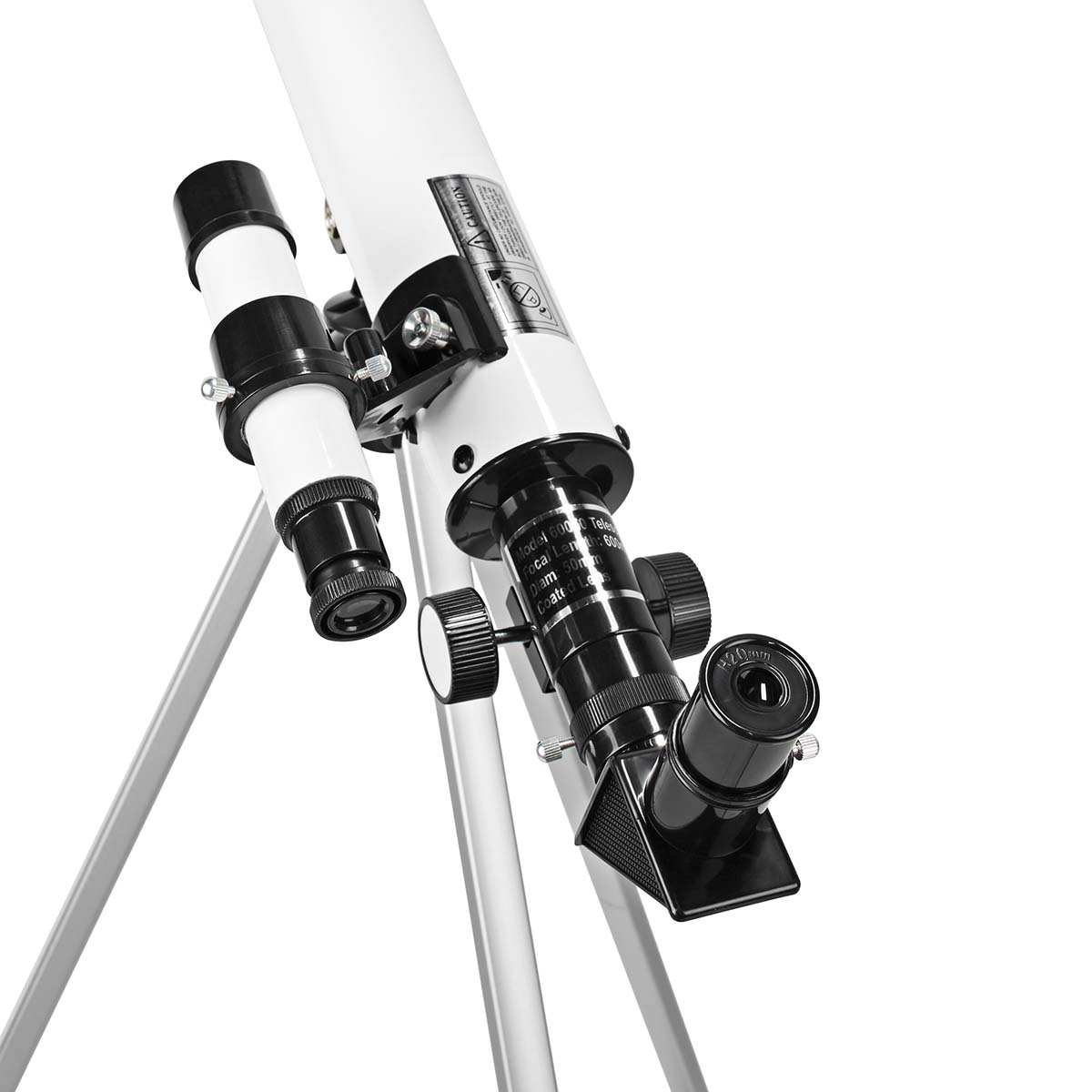 Un telescopio su un treppiede, con parti bianche e nere, sfondo bianco.