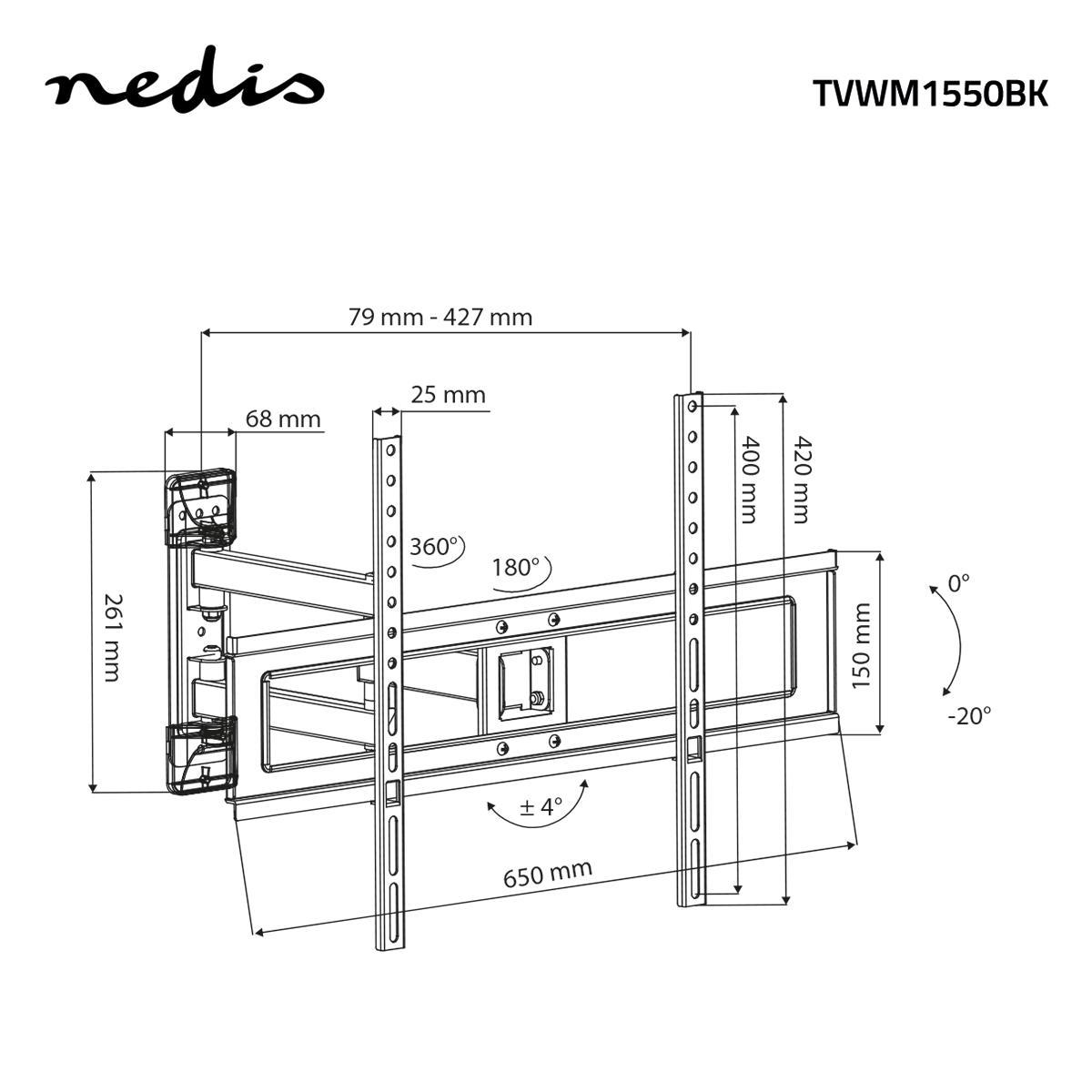 Diagramme d'un support mural pour TV, avec dimensions et angles indiqués. Le logo Nedis et le numéro de modèle sont affichés.