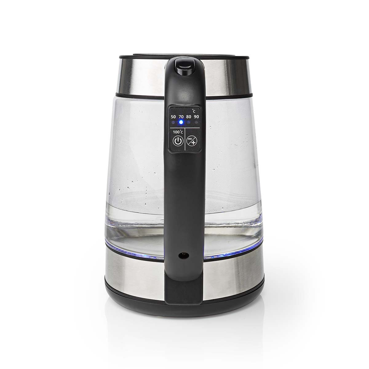 Elektrischer Glaskessel mit schwarzem Griff. Enthält Wasser mit blauem Licht. Edelstahlbasis und -oberteil.