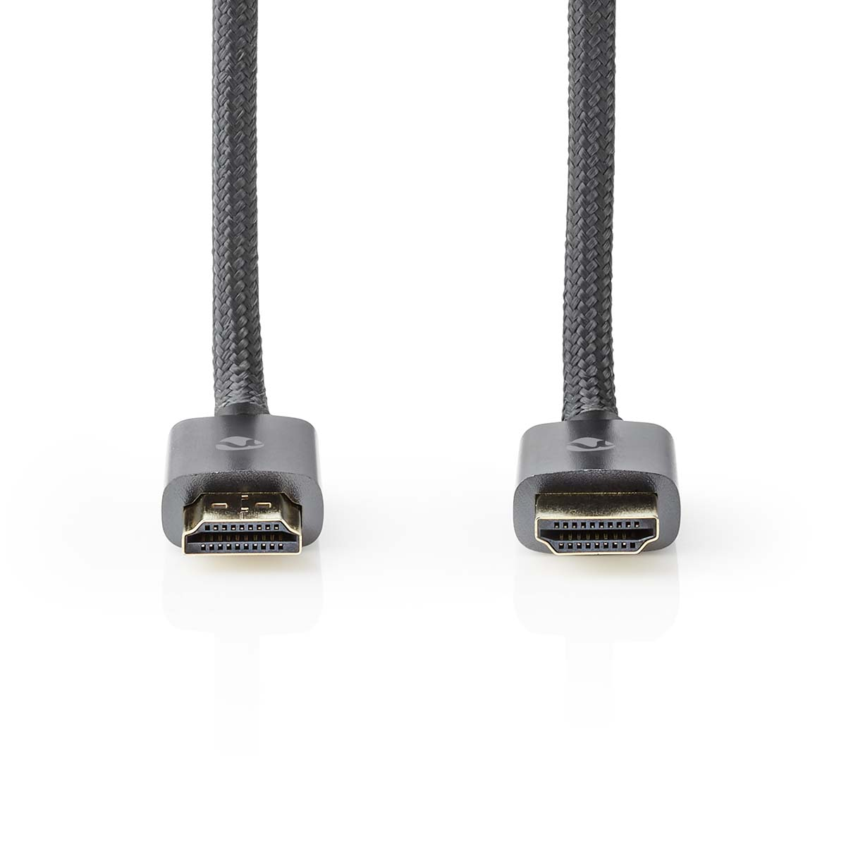 Twee HDMI-kabels met grijze, getextureerde behuizingen en connectoren.