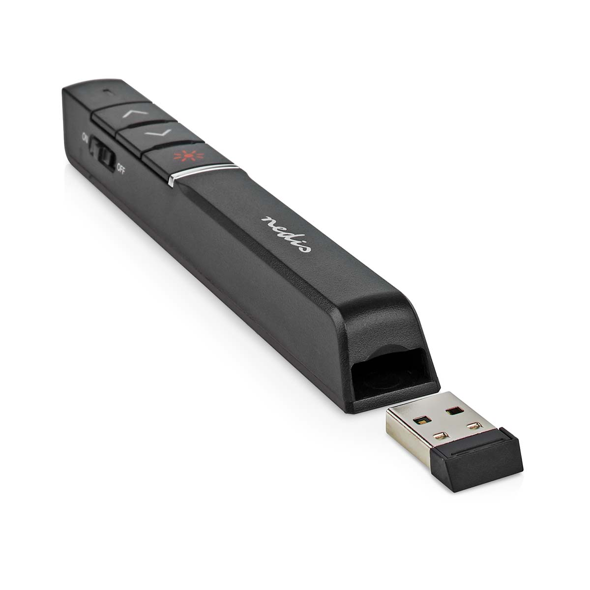 Ein schwarzer Laserpointer mit einem USB-Dongle. Der Dongle ist separat.