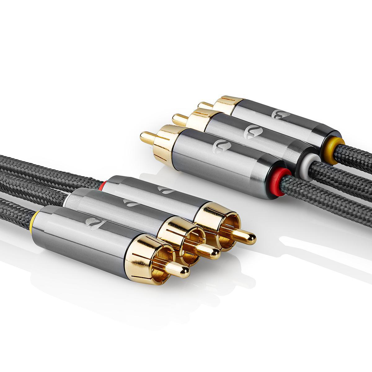 Audio cables with gold connectors and a gray braided cord.
