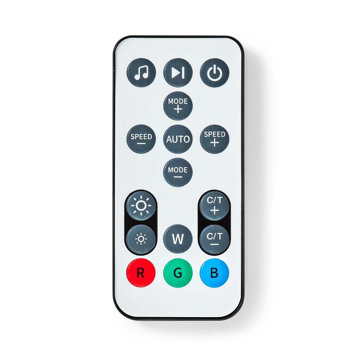 Een witte afstandsbediening met knoppen voor muziek, afspelen, aan/uit en kleurinstellingen (RGB, C/T).