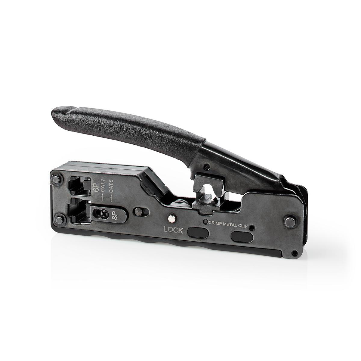 Black crimping tool with a black handle, on a white background.