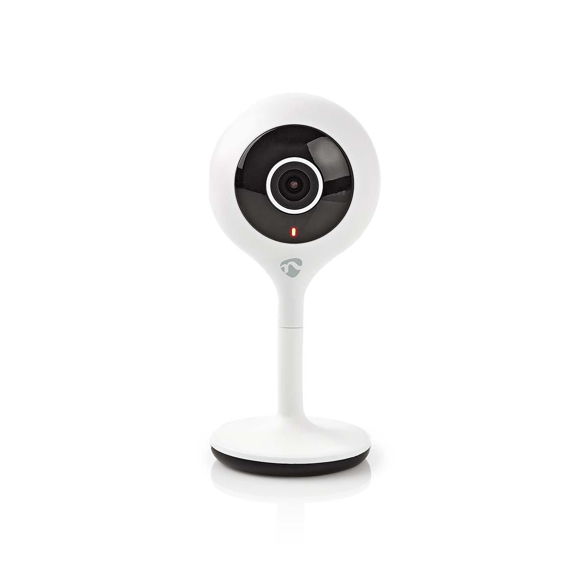 Un baby monitor bianco con una lente nera. Il monitor è su un supporto bianco.