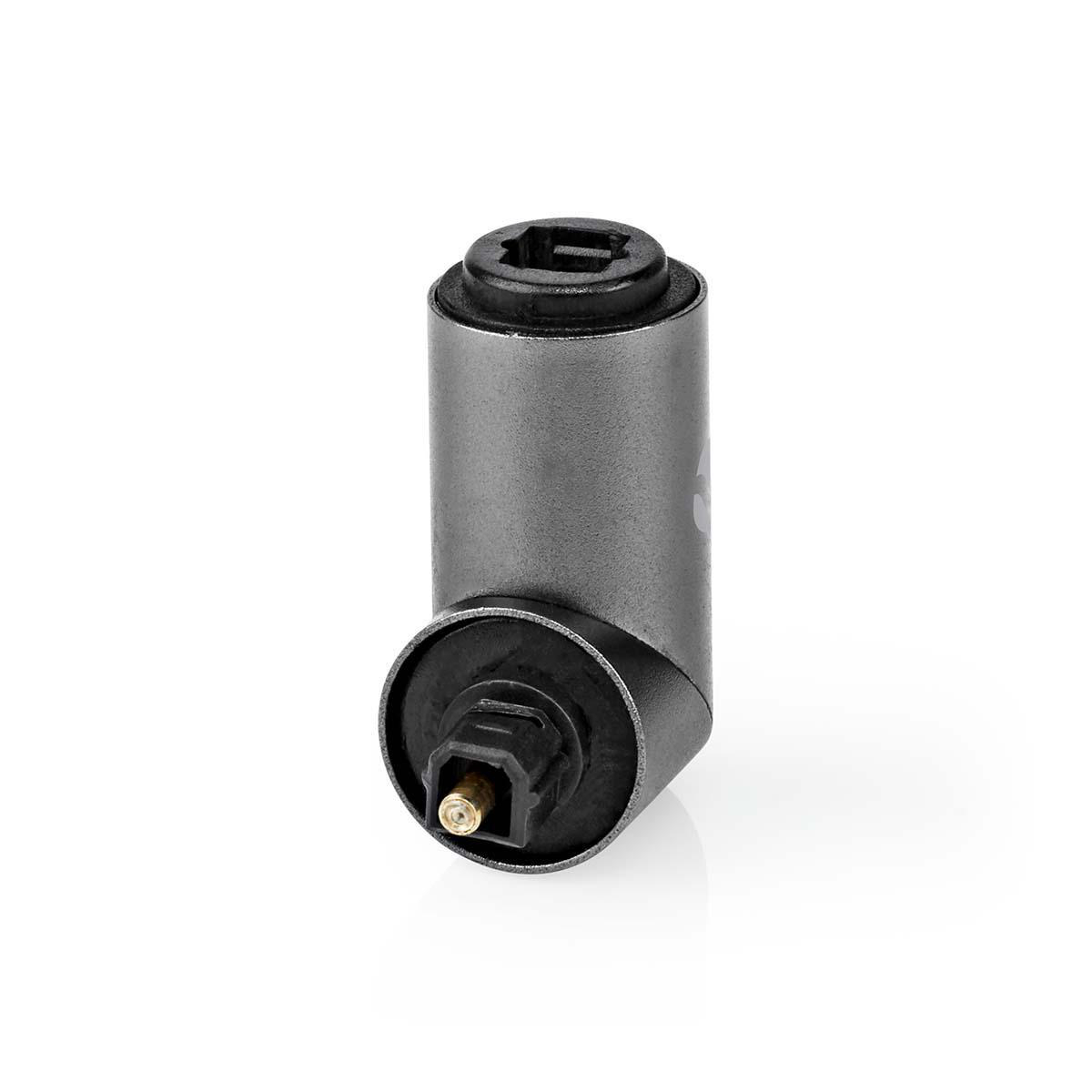 Ein grauer optischer Audioadapter, um 45 Grad abgewinkelt, mit schwarzem Anschluss.