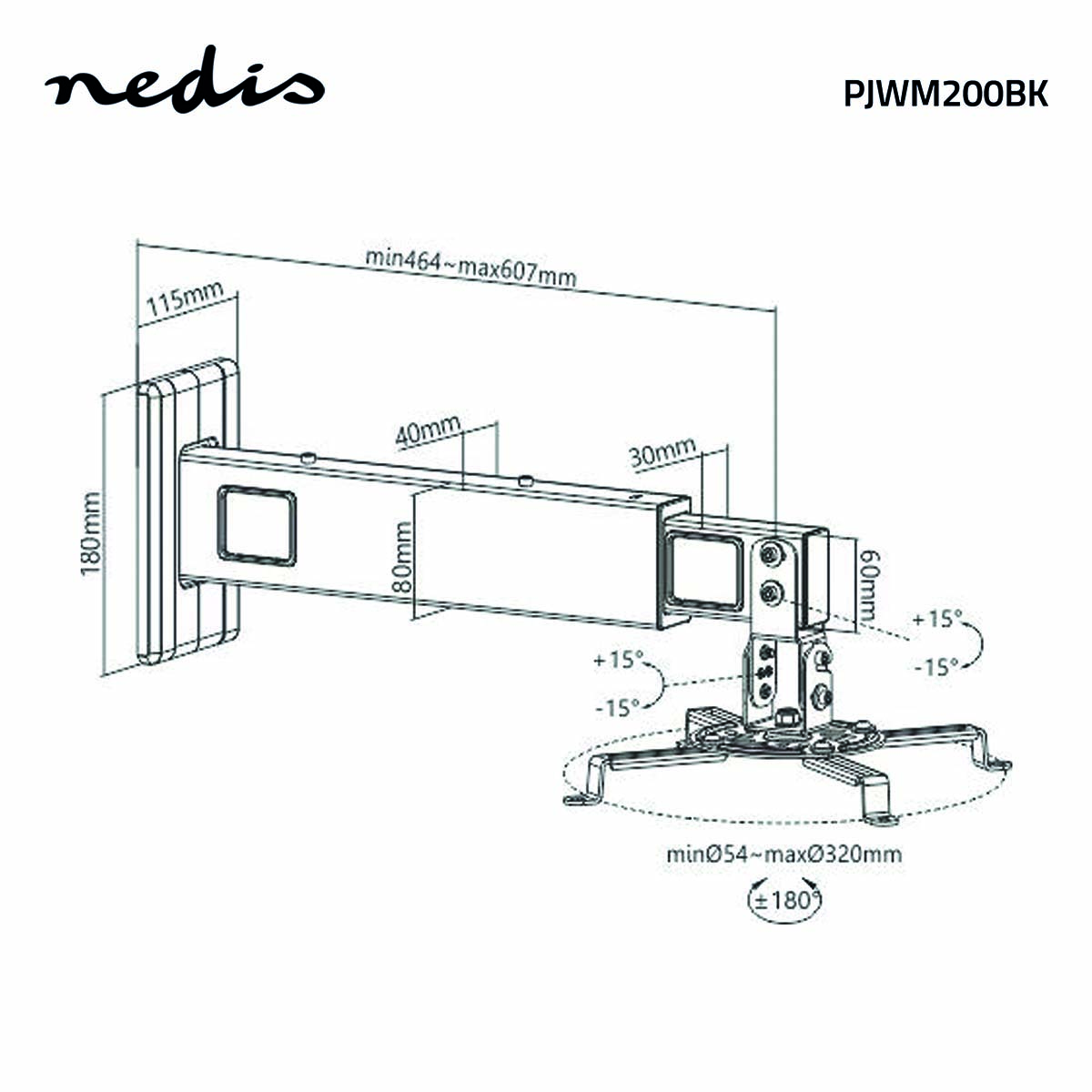 A diagram of a TV wall mount with dimensions and measurements in black and white.