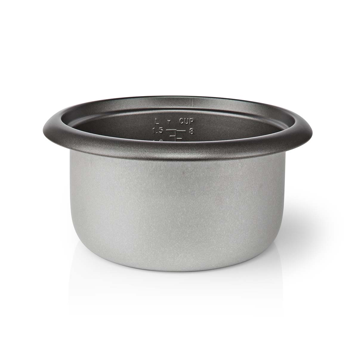 Srebrny metalowy garnek wewnętrzny do ryżowaru z ciemnoszarą obręczą, białe tło.