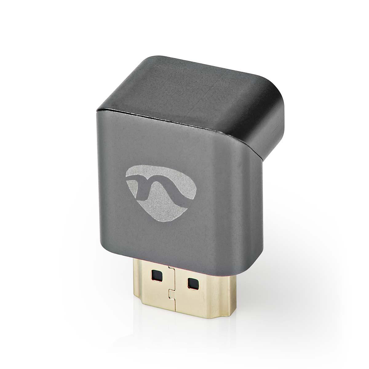 Adaptateur HDMI coudé avec logo, gris foncé avec connecteur HDMI doré, isolé sur fond blanc.