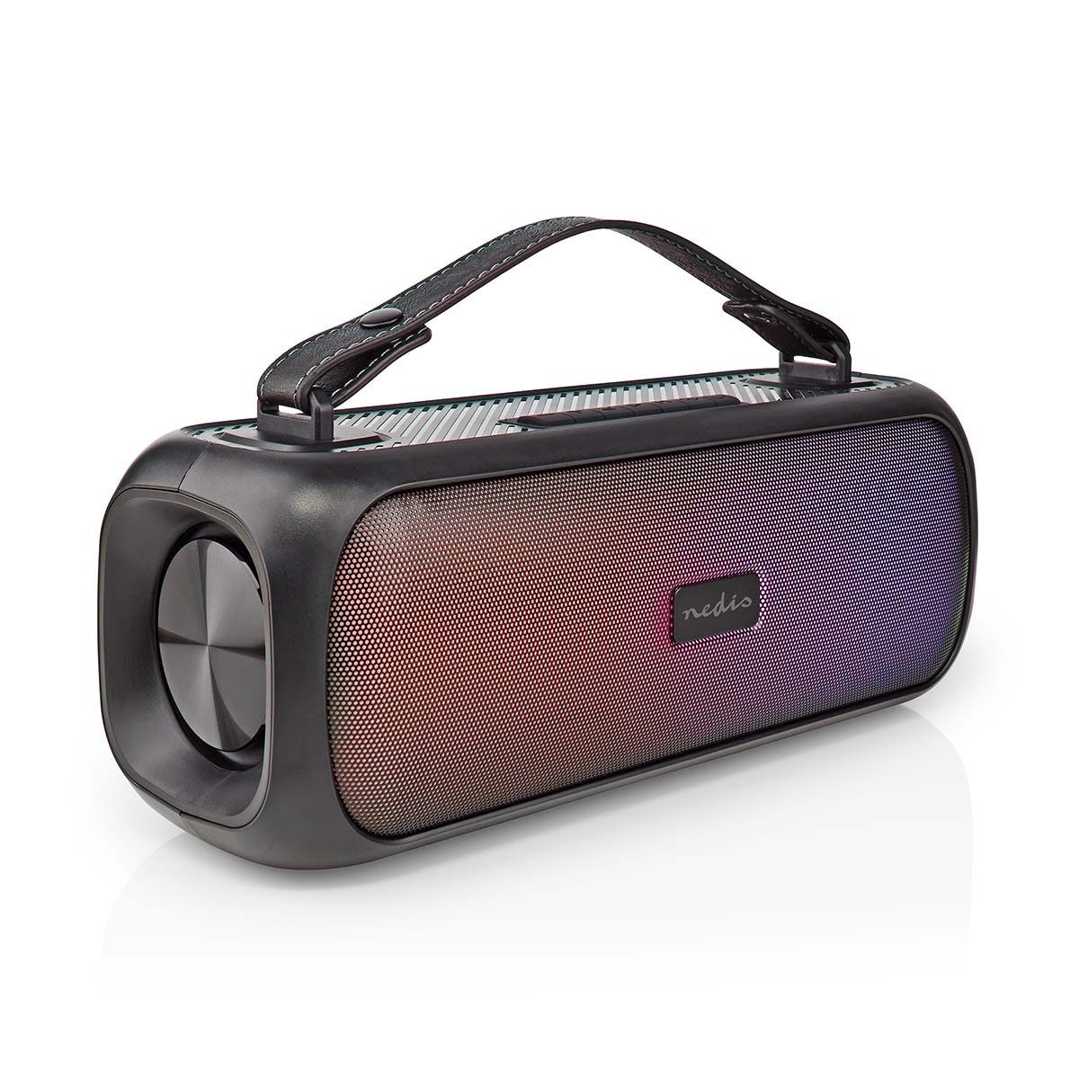 Altoparlante nero con maniglia e illuminazione RGB su sfondo bianco.
