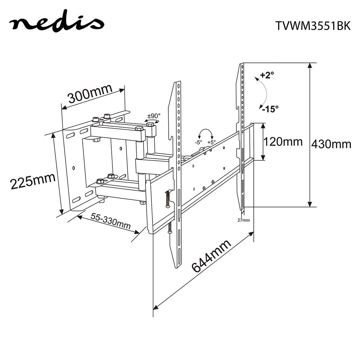 Ein Diagramm einer TV-Wandhalterung mit Abmessungen und Maßen in Schwarz auf weißem Hintergrund.