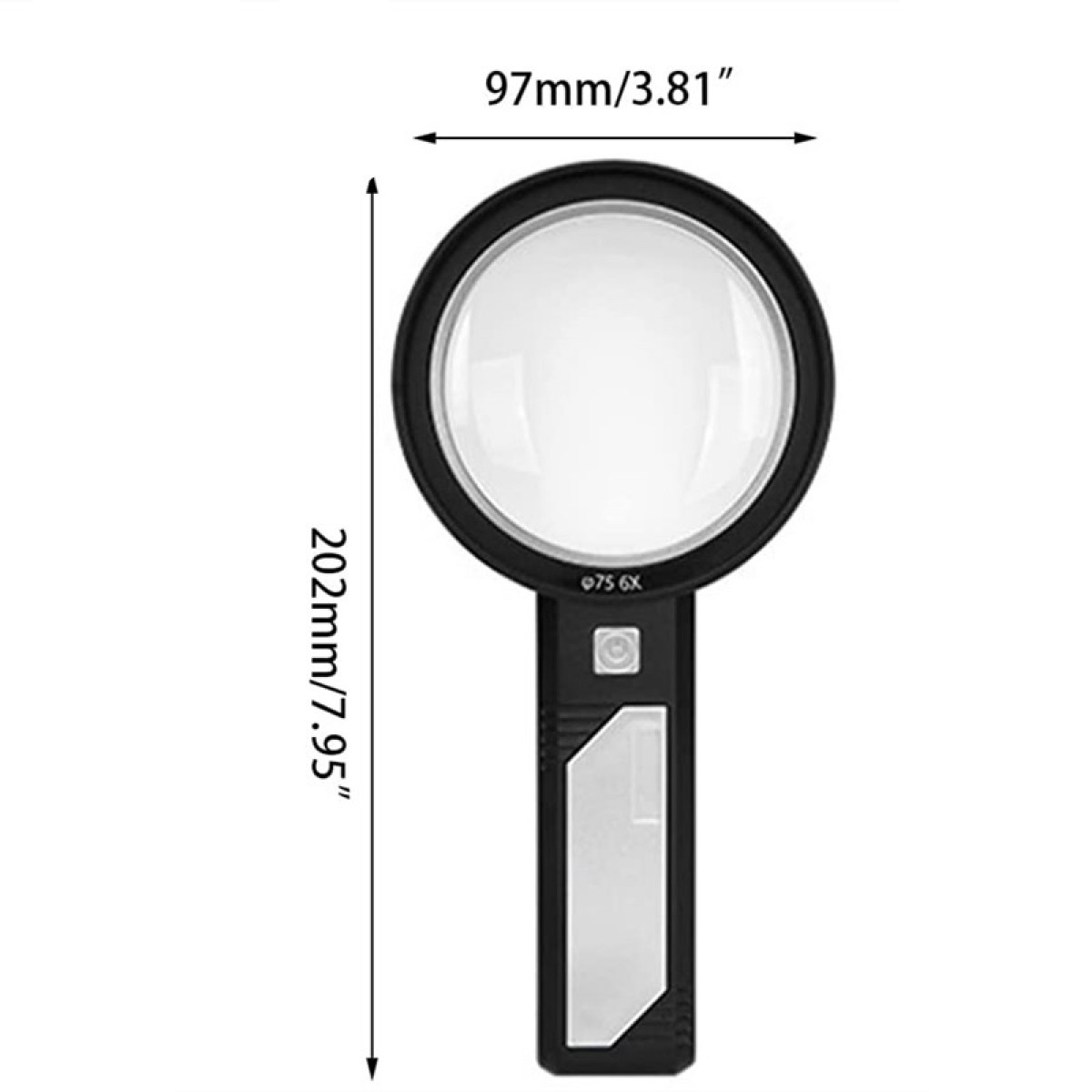 Czarny i srebrny szkło powiększające z oznaczeniami wymiarów.