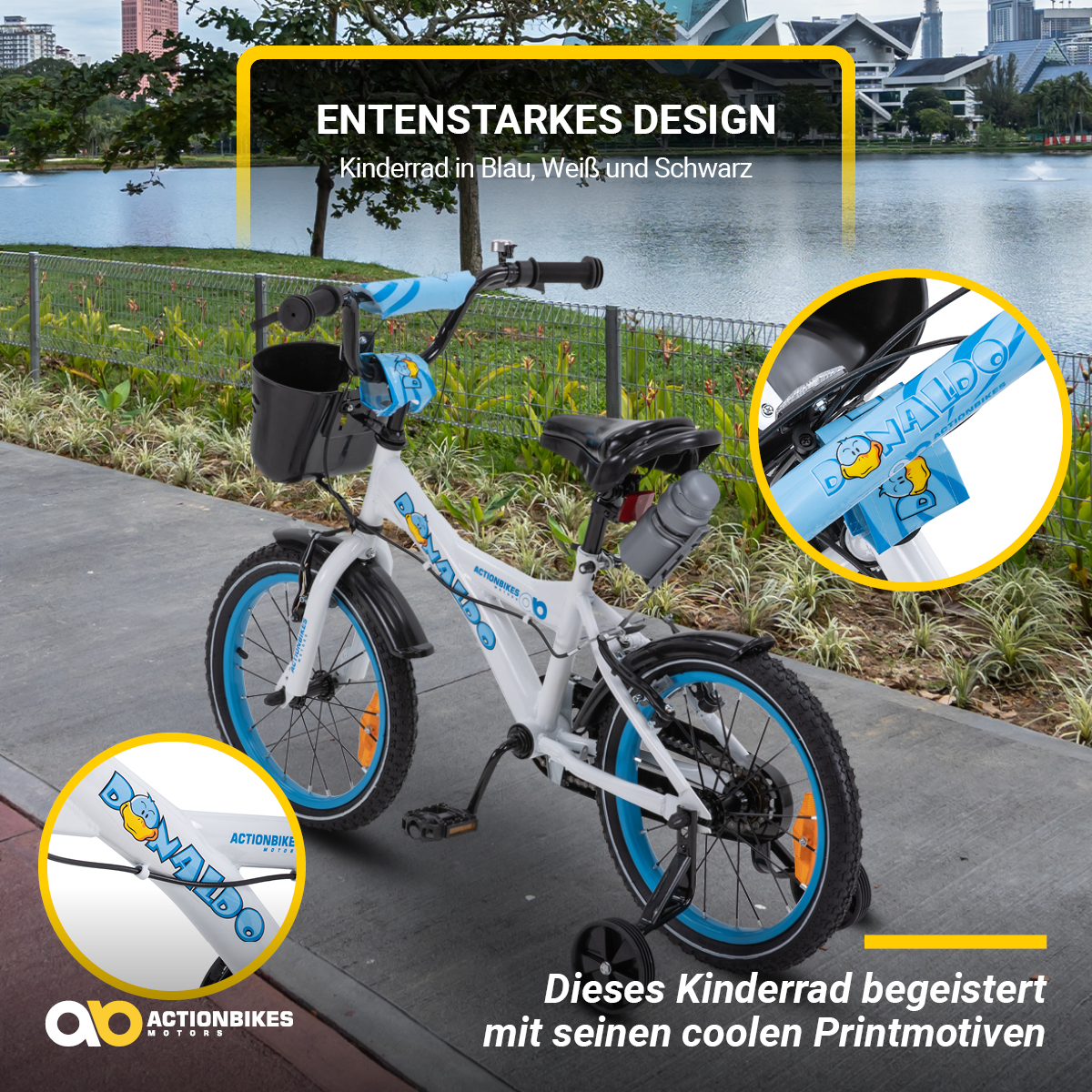 Weiß-blaues Kinderfahrrad auf einem Weg mit See und Gebäuden im Hintergrund.