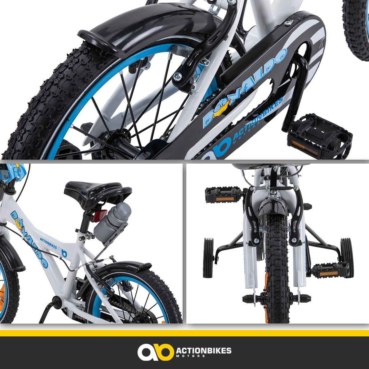 Weiß-blaues Kinderfahrrad mit Stützrädern, Details der Räder und des Rahmens.