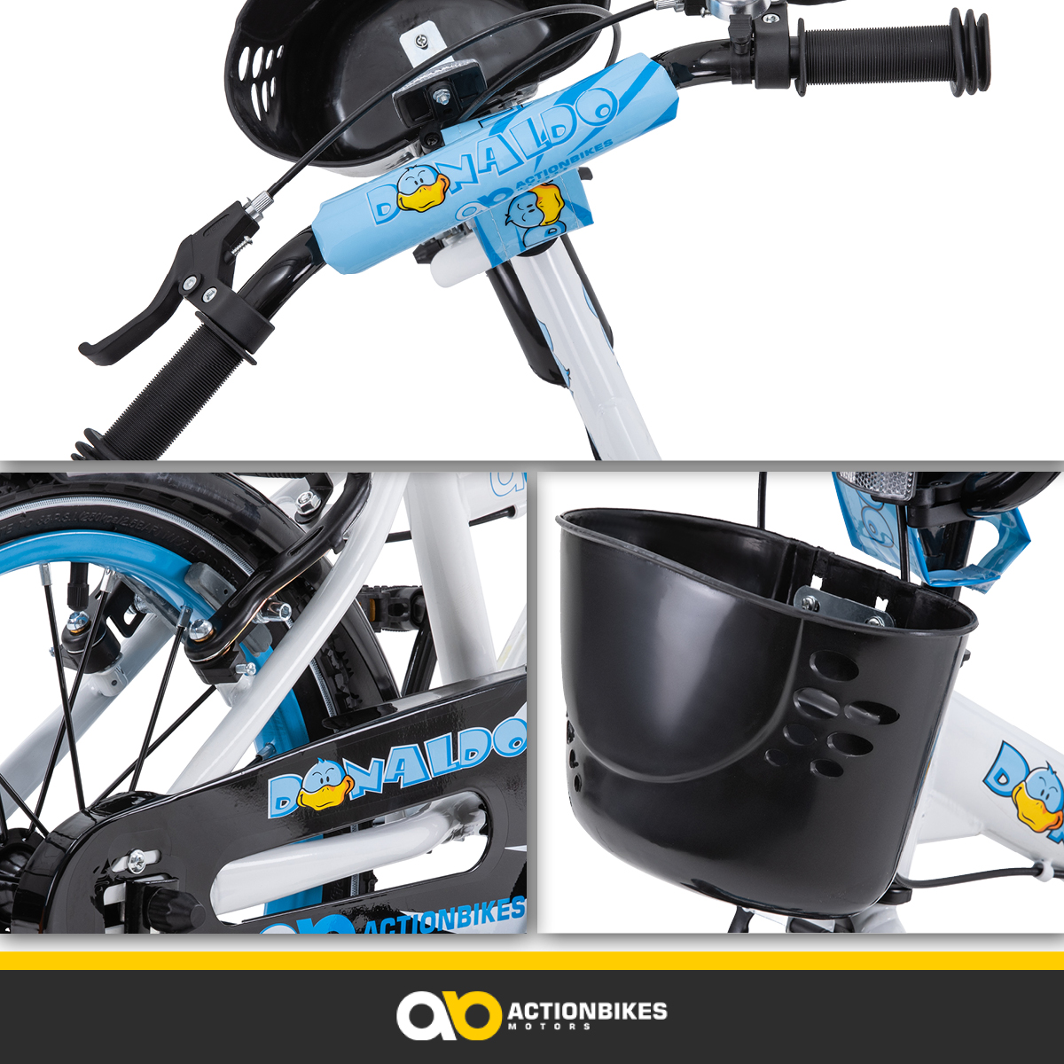 Nahaufnahme eines blau-weißen Actionbikes-Kinderfahrrads mit schwarzem Korb.