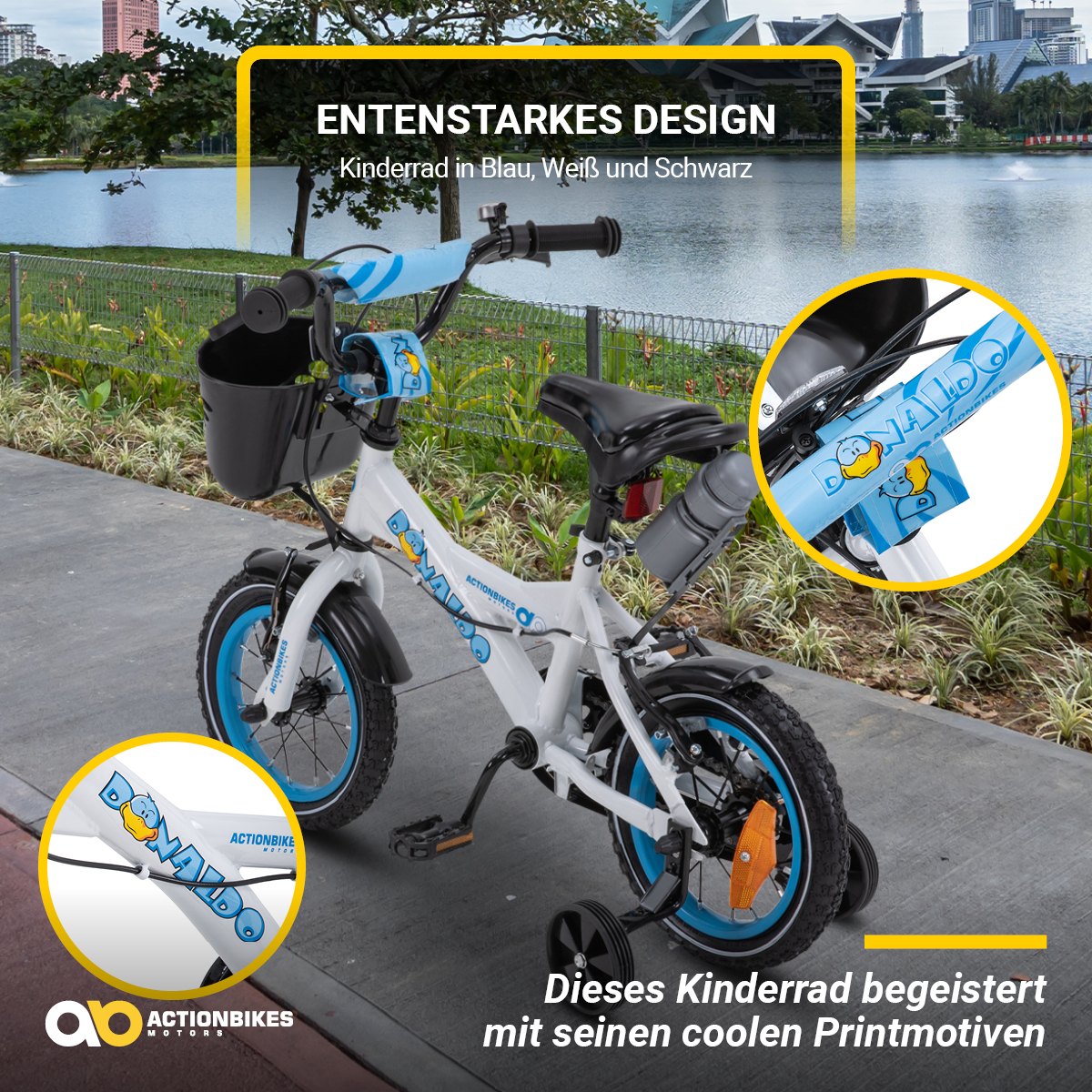 Weiß-blaues Kinderfahrrad mit Stützrädern.
