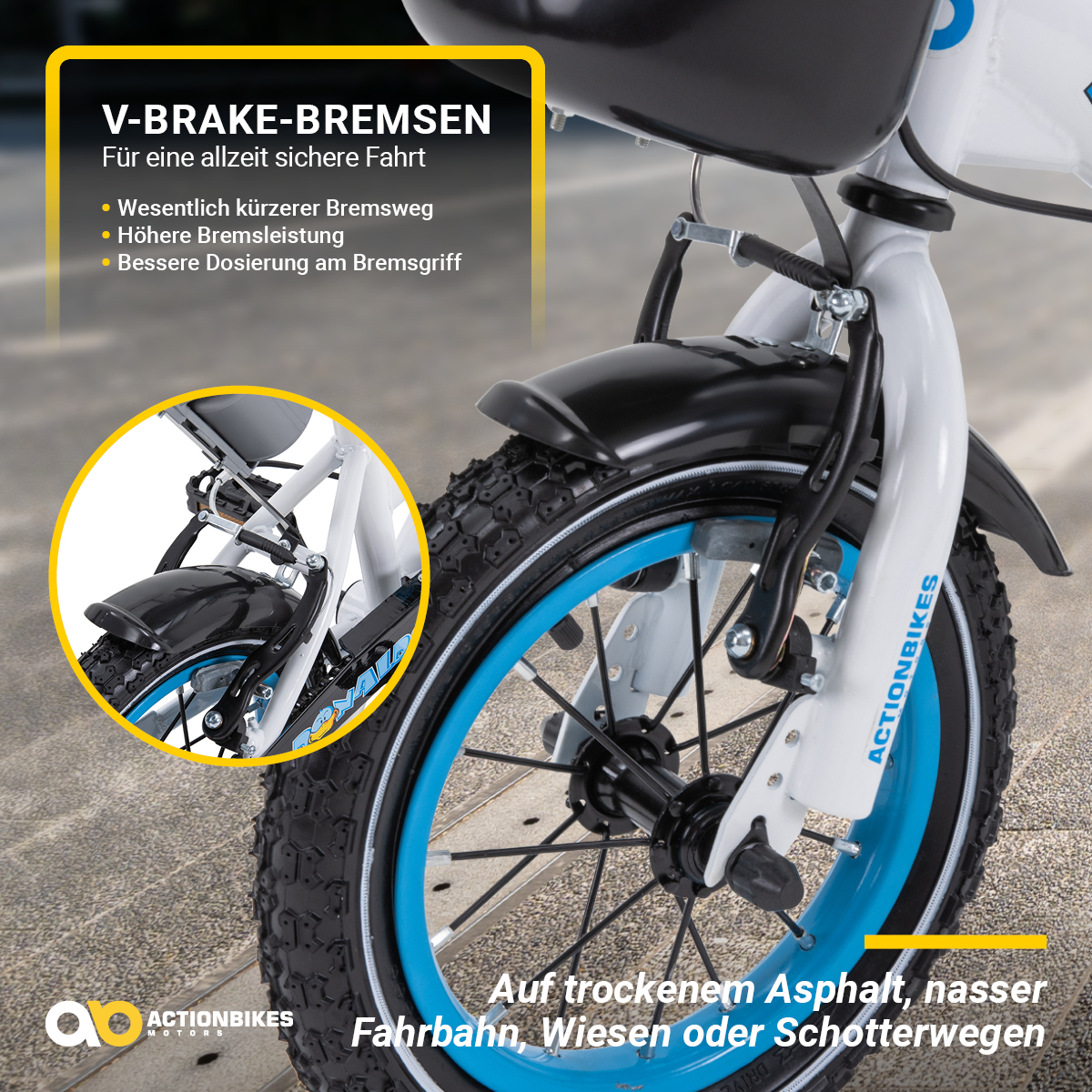 Nahaufnahme eines Kinderfahrradrads mit Bremsen. Das Rad hat blaue Felgen.