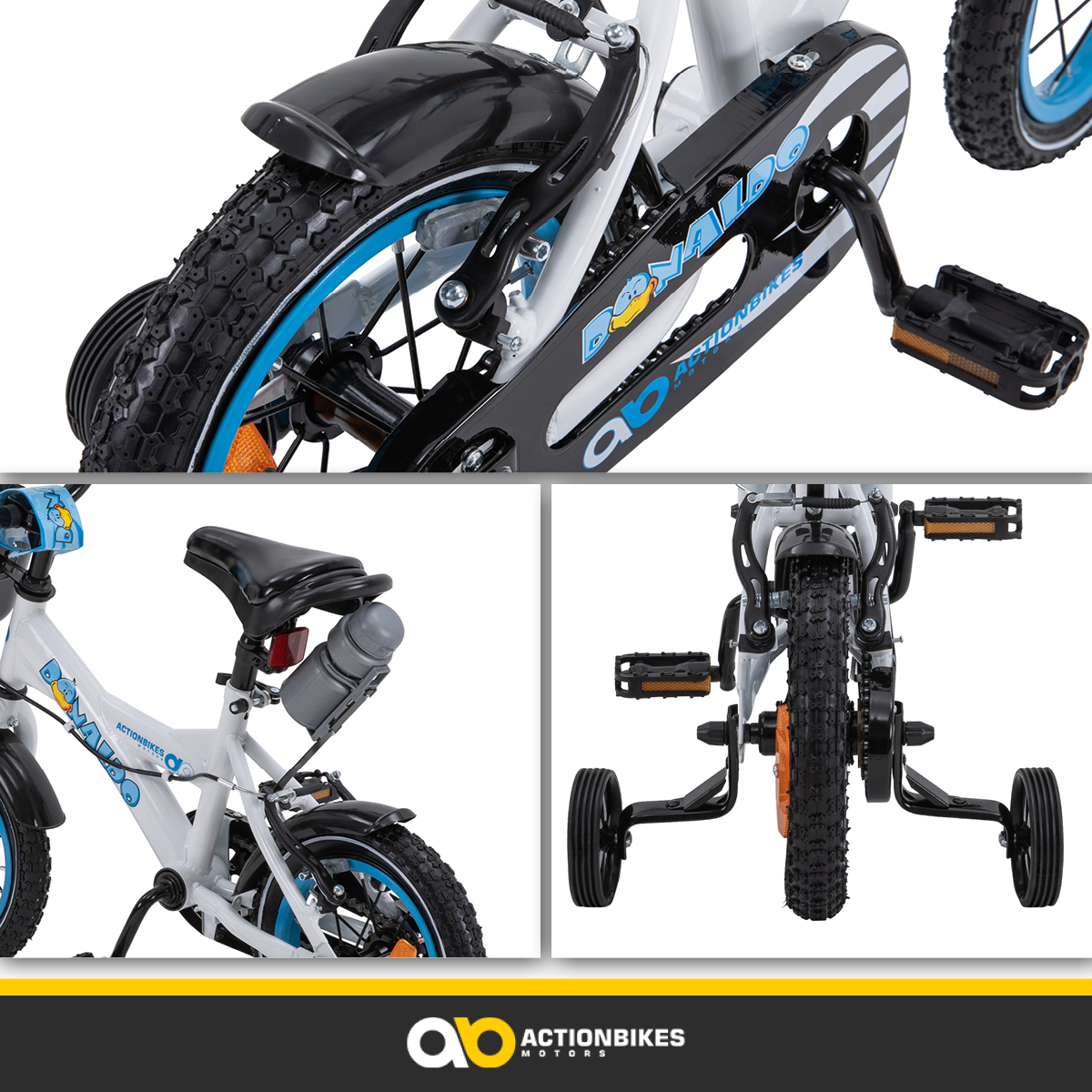 Weißes und schwarzes Kinderfahrrad. Stützräder und Wasserflasche sind sichtbar.