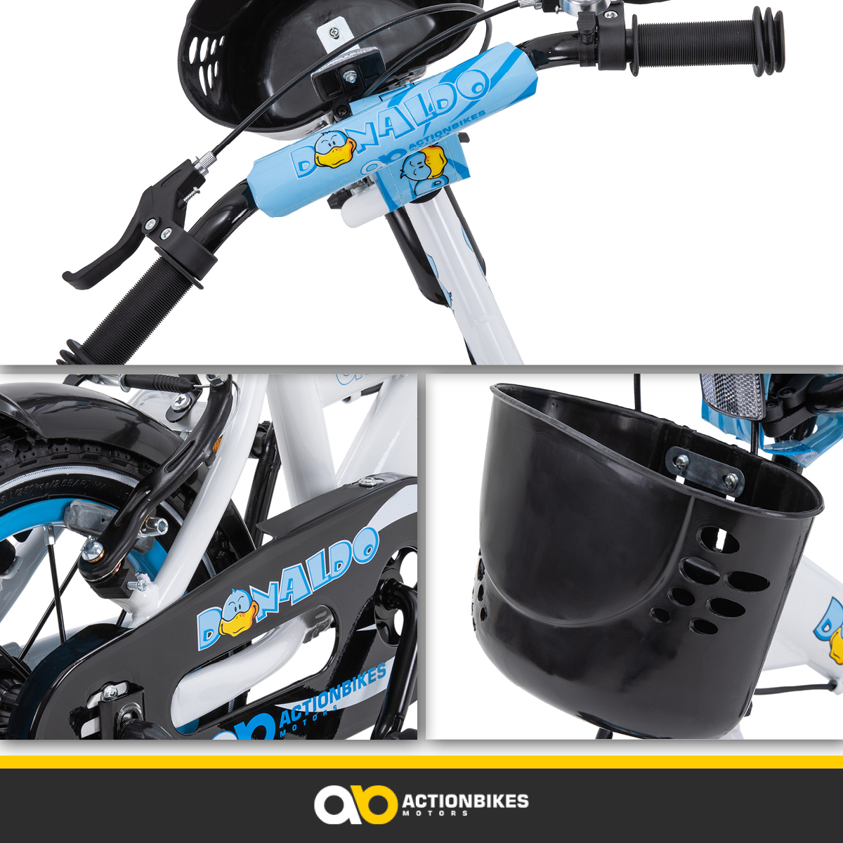 Kinderfahrrad mit blauen Akzenten und dem Namen 'DONALDO'. Mehrere Detailaufnahmen sind zu sehen.