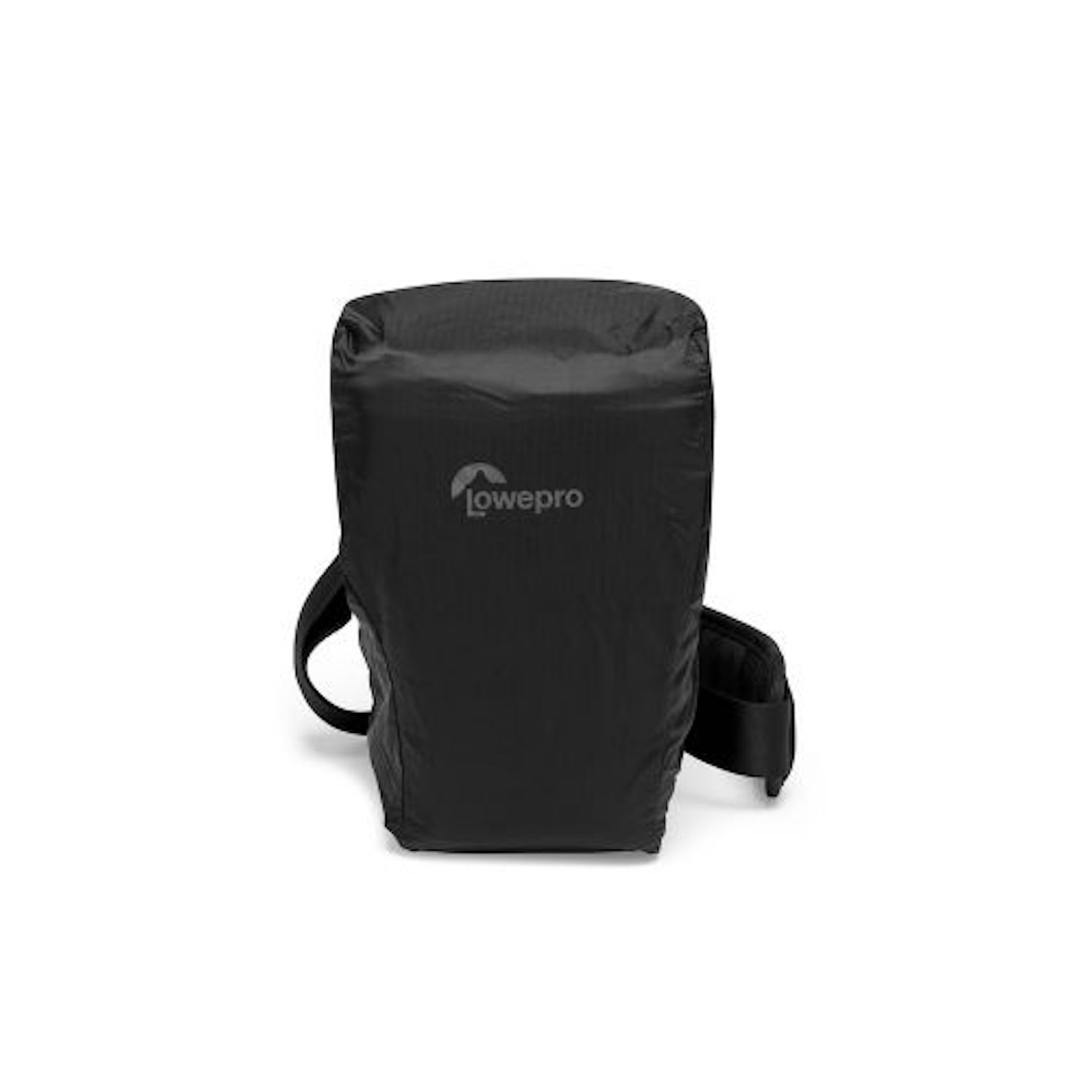 Schwarze Kameratasche mit Schulterriemen. Lowepro-Logo auf der Tasche. Weißer Hintergrund.