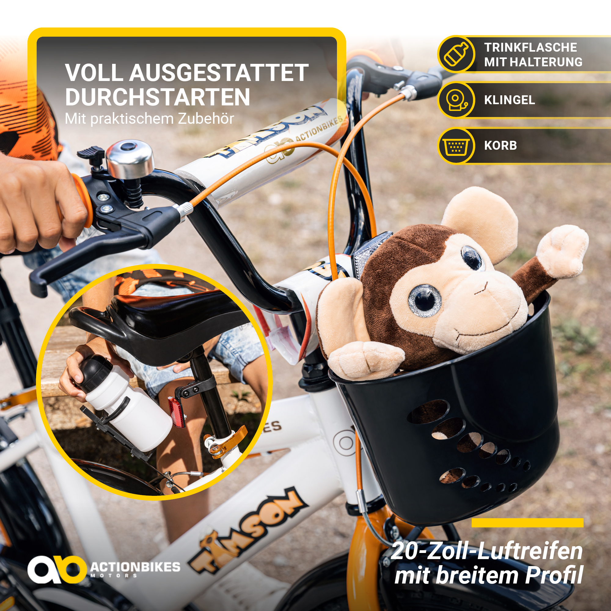 Ein Kinderfahrrad mit einem Affen in einem Korb. Enthält eine Klingel und eine Wasserflasche.