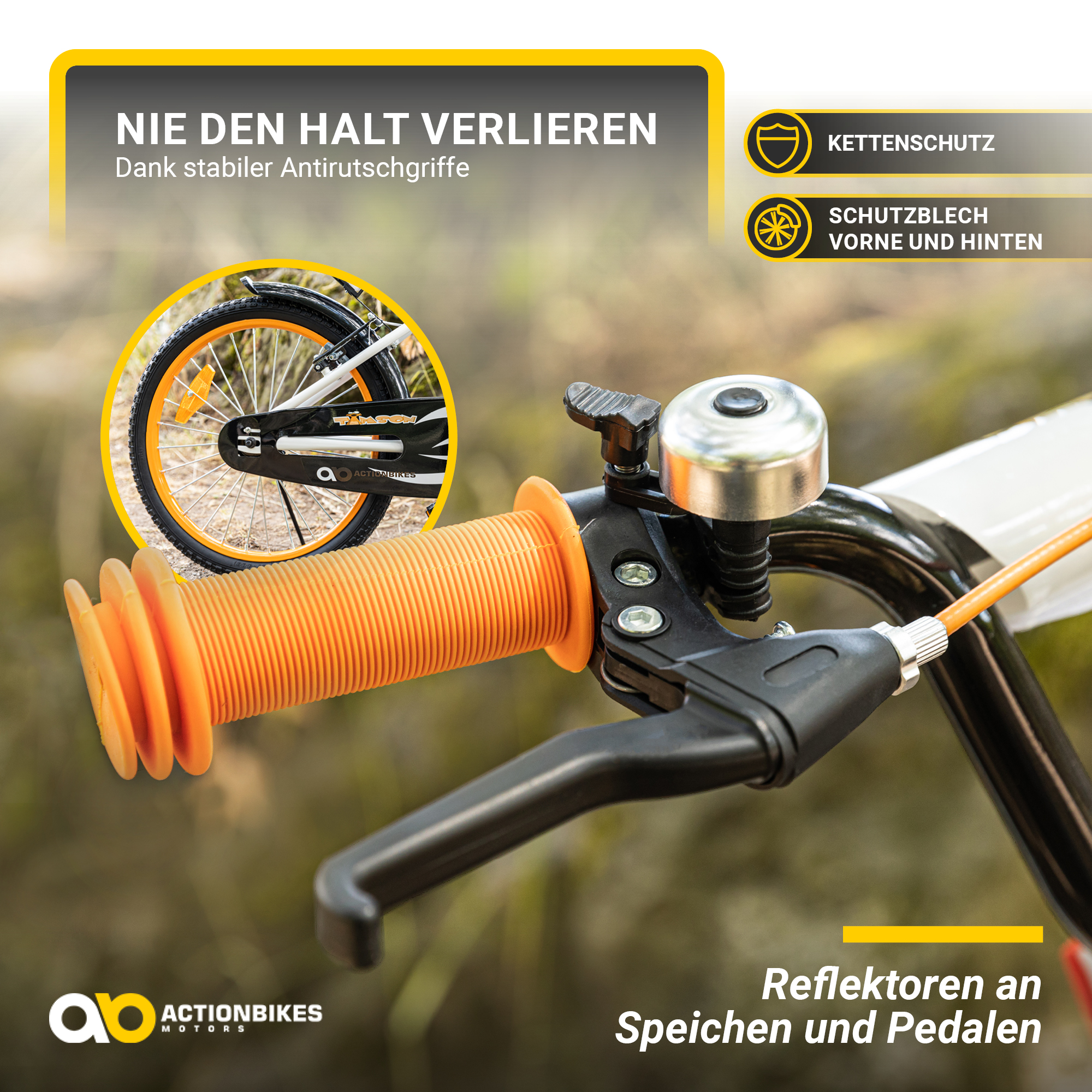 Nahaufnahme eines Fahrradgriffs. Oranger Griff, schwarzer Hebel und eine Klingel. Text darauf.