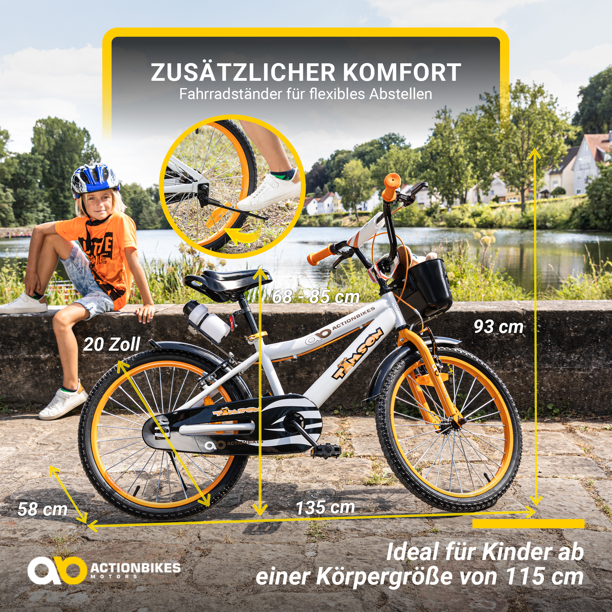 Kind fährt weiß-oranges Fahrrad. Maße und Text auf Deutsch. Sonniges Draußen.