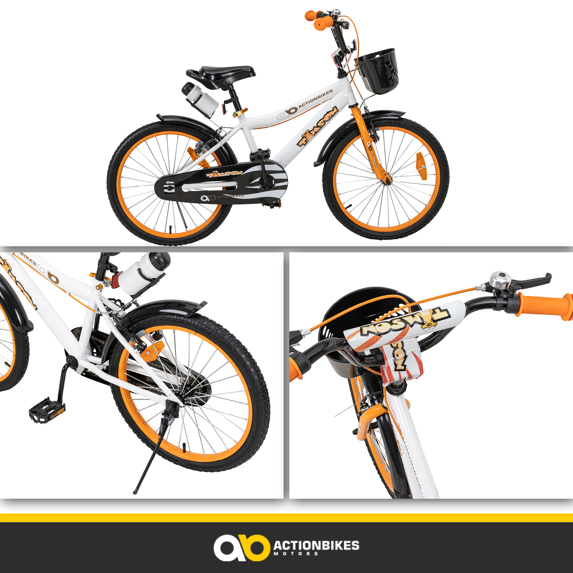Weißes und orangefarbenes Kinderfahrrad mit schwarzem Korb und Wasserflasche. Mehrere Ansichten.