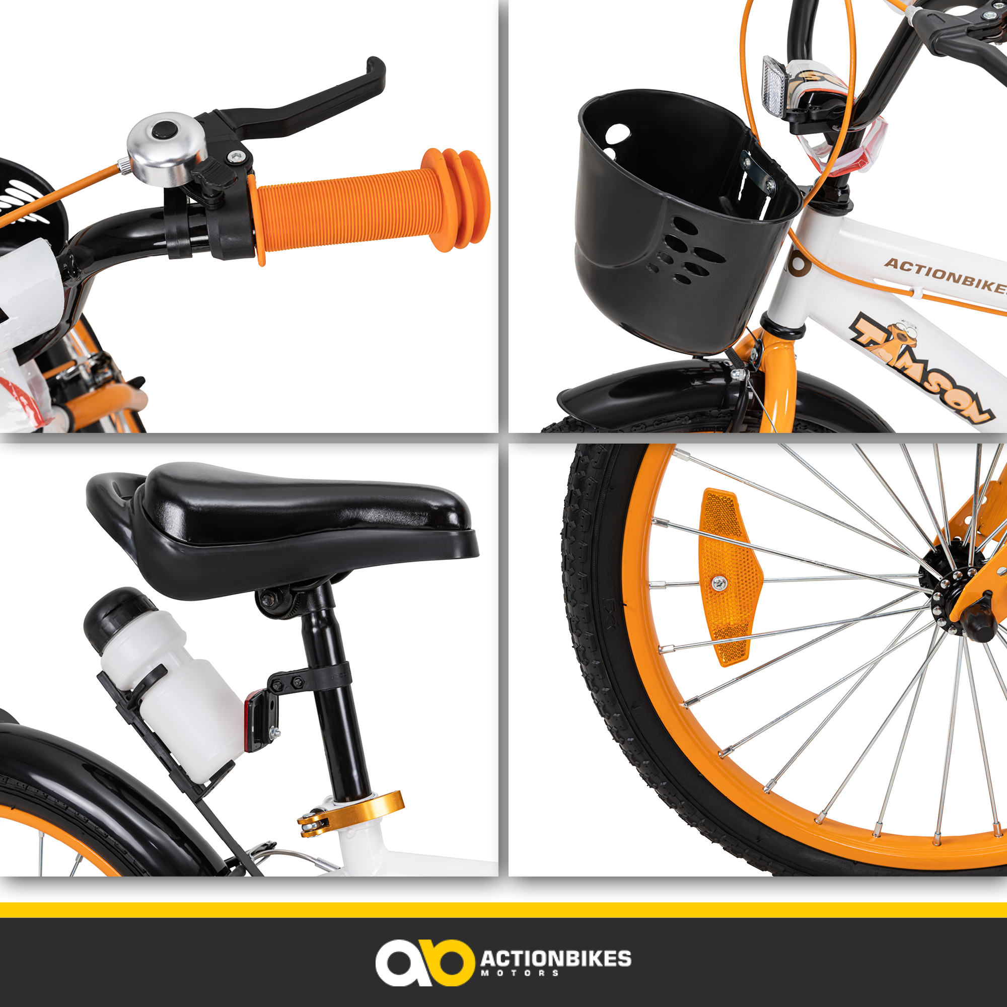 Nahaufnahme eines Fahrrads: Lenker, Korb, Sitz und Rad. Orange und weißes Farbschema.