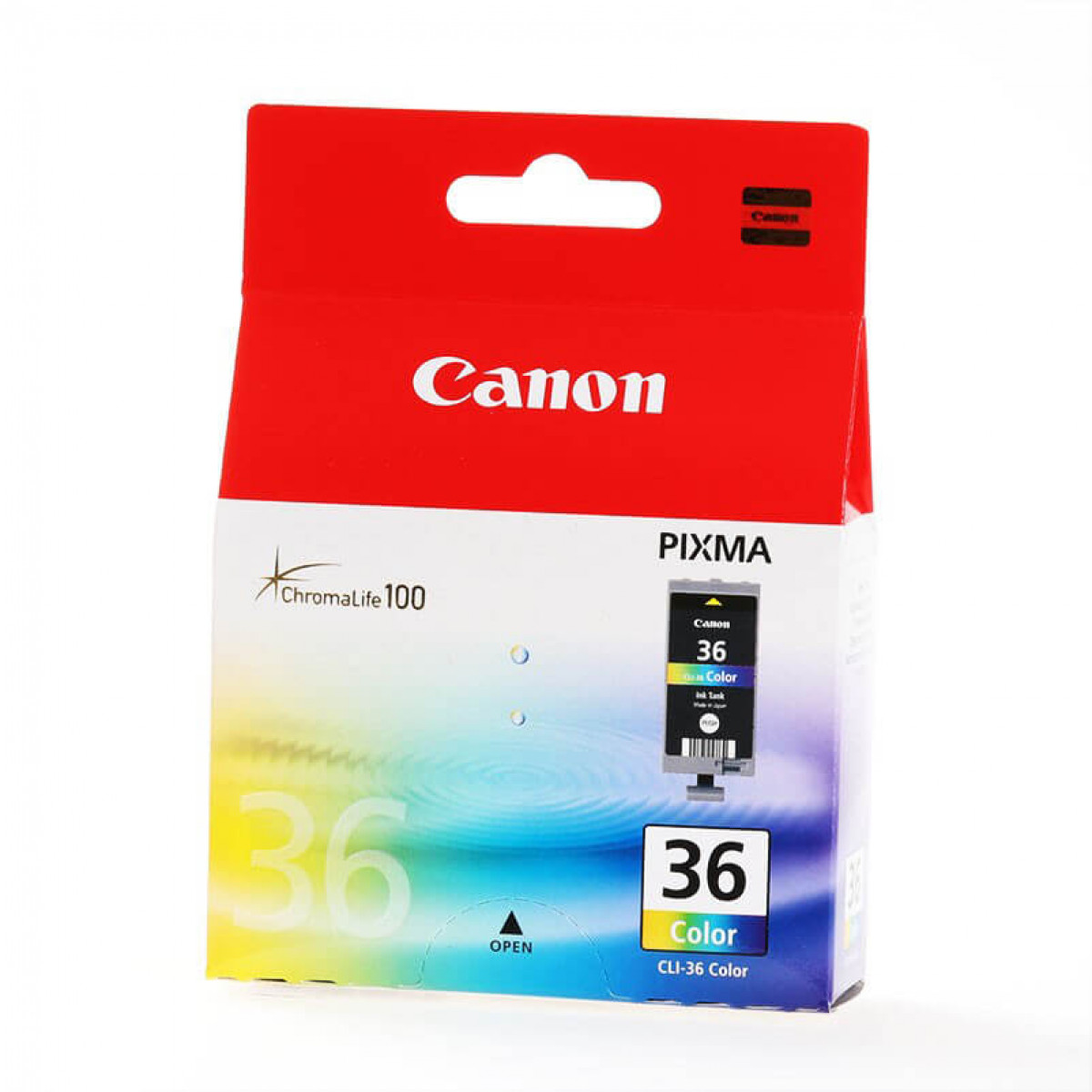 Canon mürekkep kartuş kutusu, kırmızı beyaz metin ve içinde renkli bir mürekkep kartuşu.