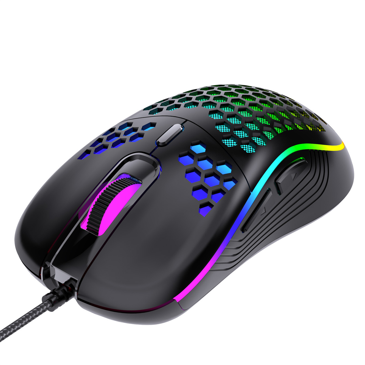 Ratón gaming negro con diseño de panal, iluminación RGB y cable trenzado. El fondo es blanco.