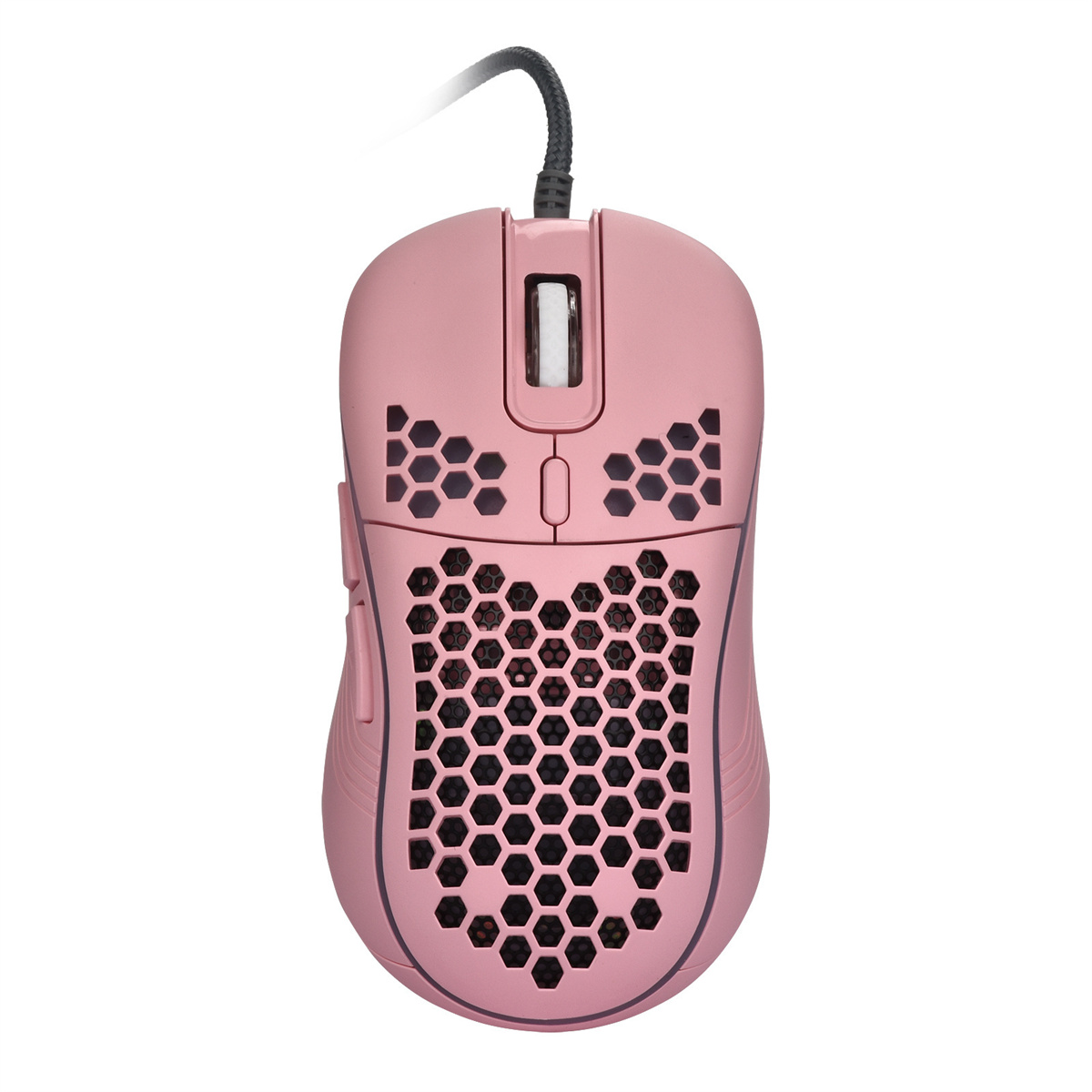 Ratón gaming rosa con diseño de panal en la parte delantera y cable conectado.