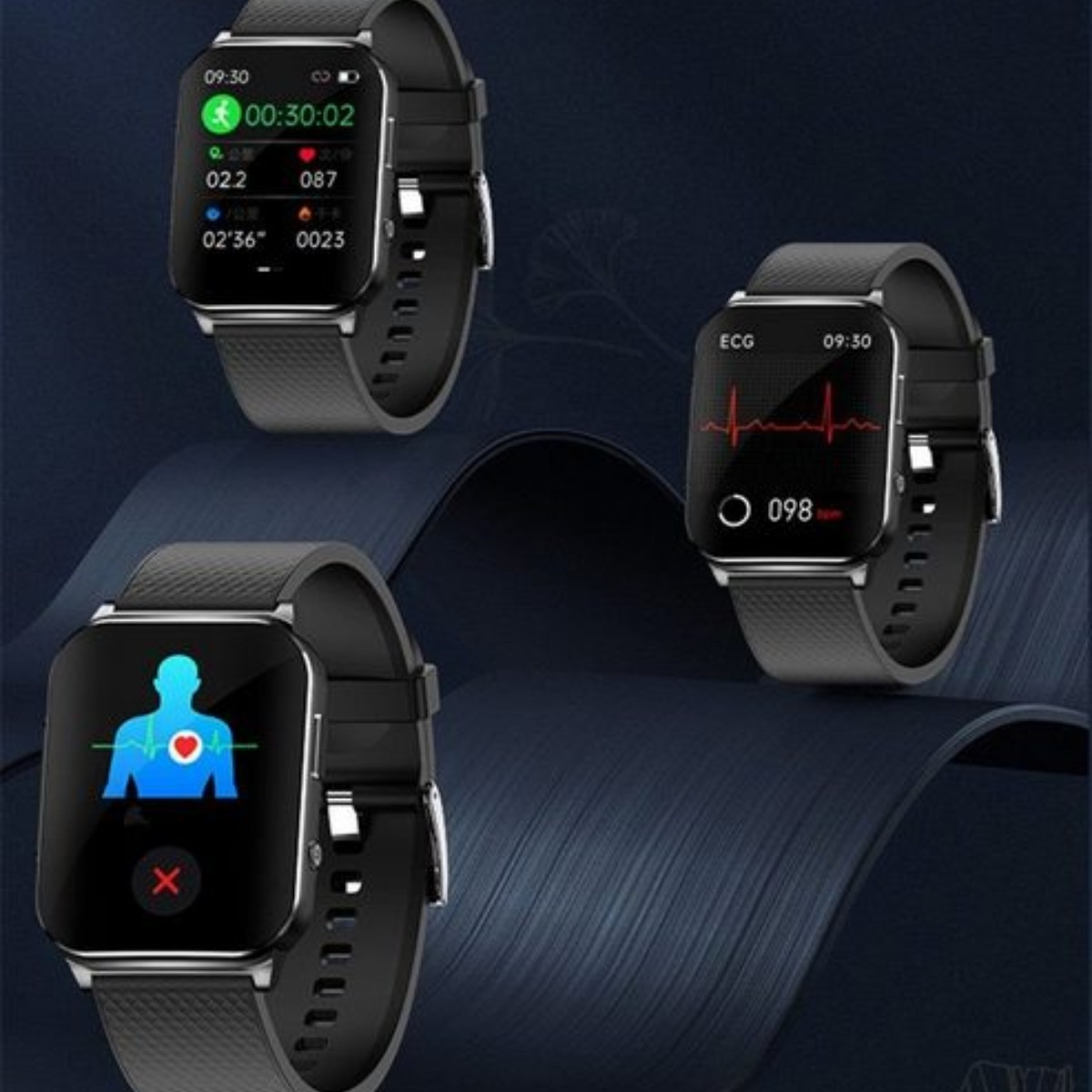 Tres smartwatches sobre un fondo degradado azul-negro. Cada uno muestra métricas de salud diferentes.