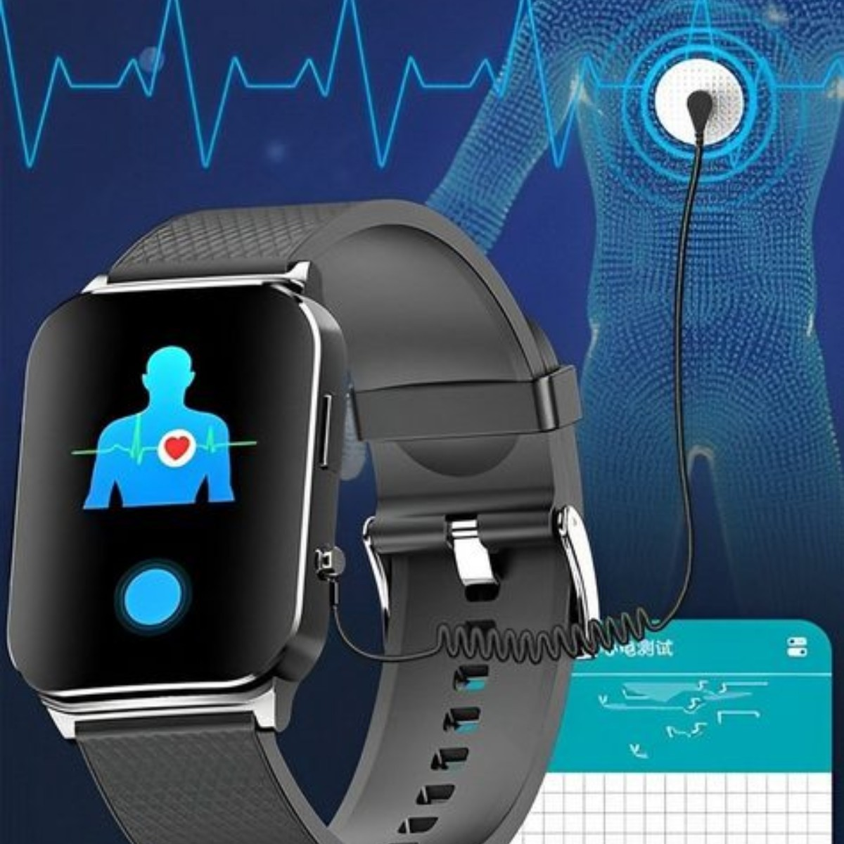 Smartwatch con gráfico de frecuencia cardíaca y diagrama del cuerpo humano en pantalla.