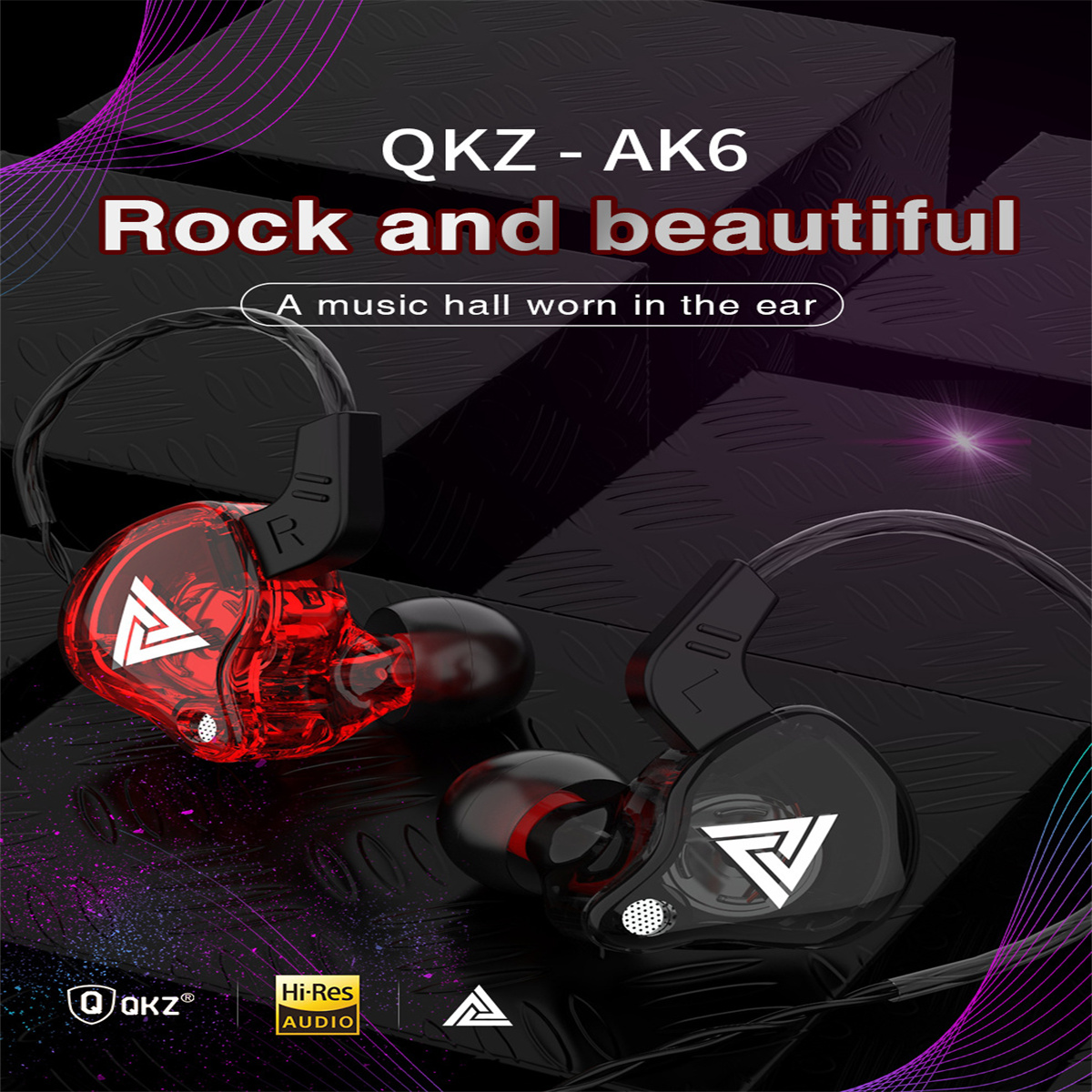 Auriculares internos rojos y negros. La imagen tiene texto que dice 'Rock and beautiful' y 'QKZ - AK6'.
