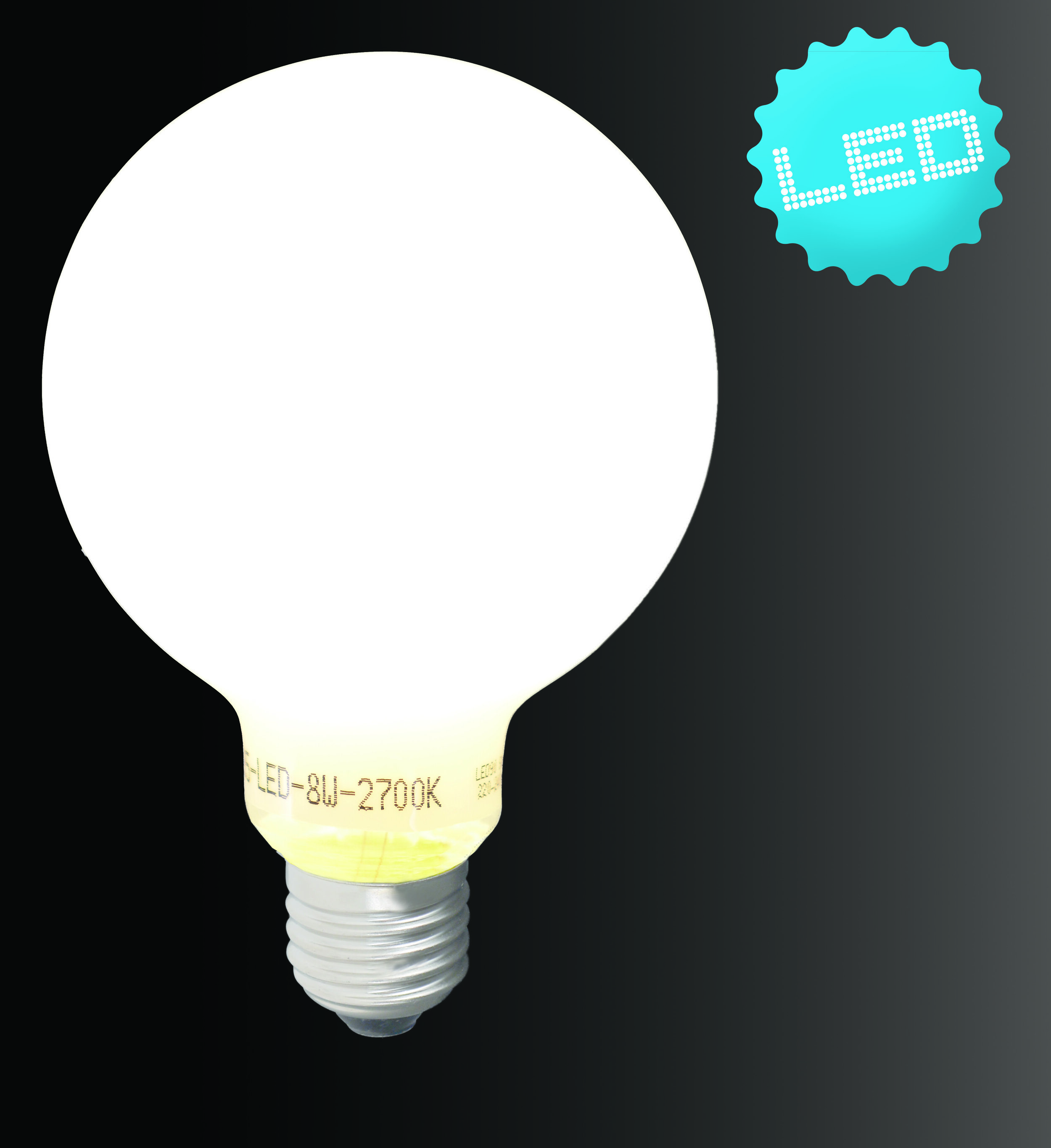 Eine weiße LED-Glühbirne, runde Form. Text und LED-Logo sichtbar.