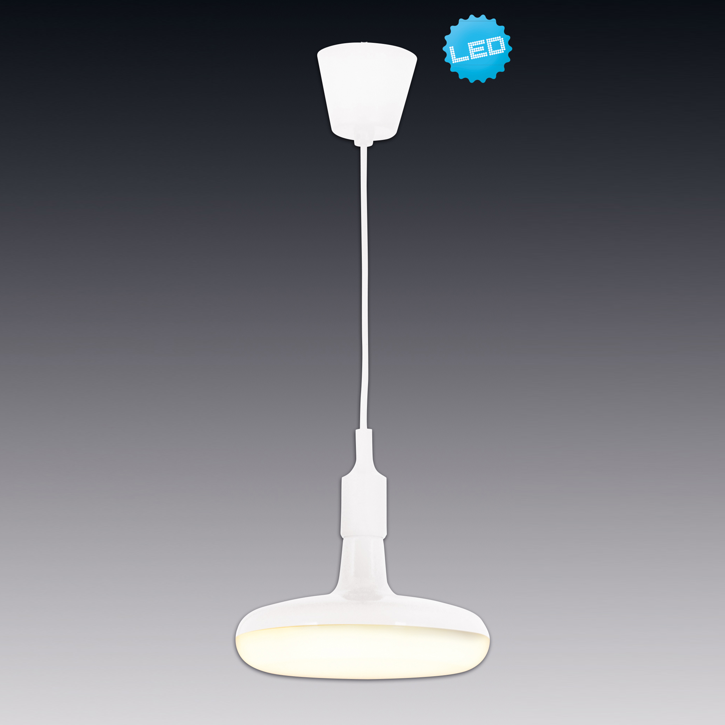 Weiße moderne Deckenpendelleuchte. Ein LED-Label ist sichtbar. Der Hintergrund ist ein Farbverlauf.