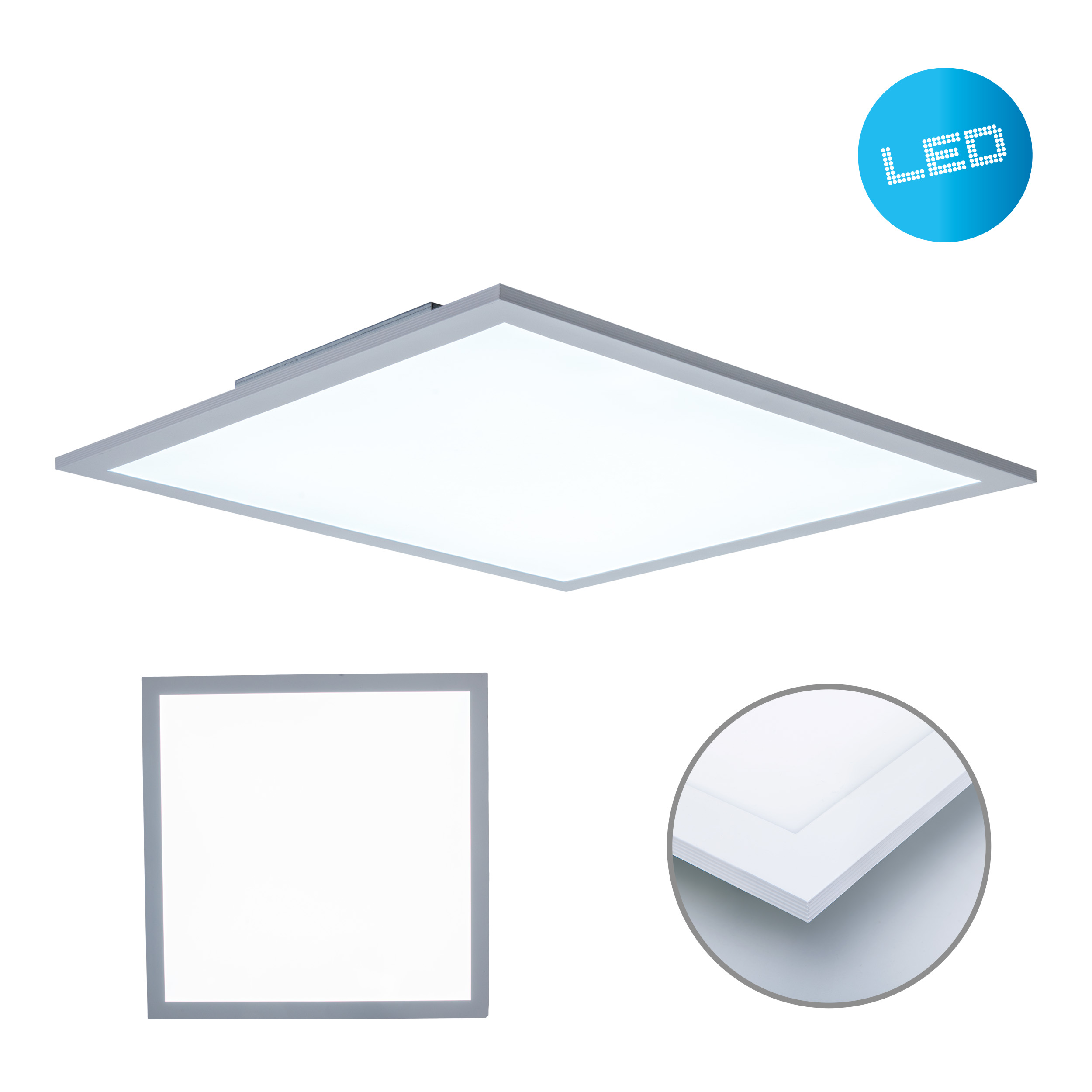 Quadratisches LED-Panel, weißes Licht und Details des Panels.