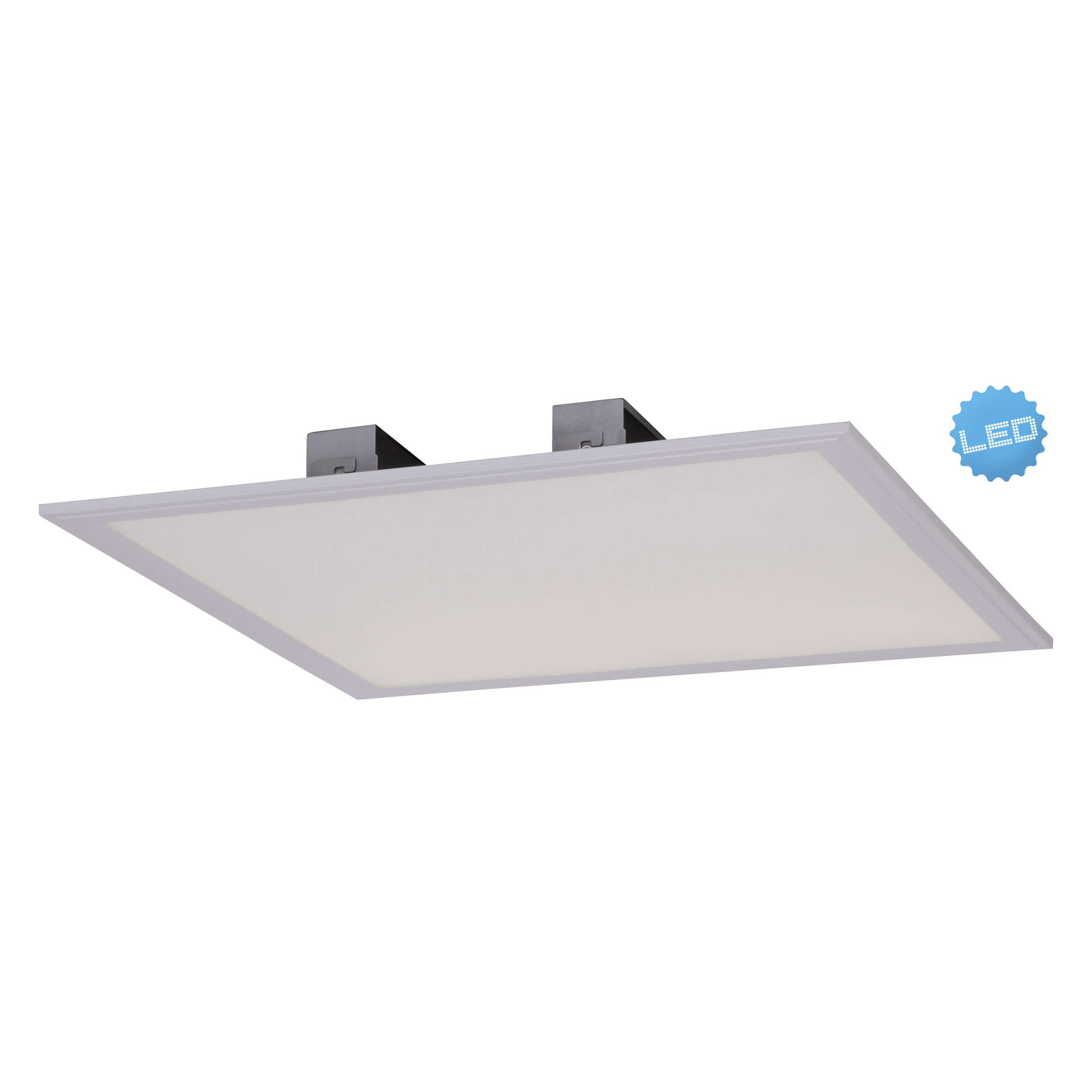 Quadratische LED-Panel-Leuchte mit weißem Rahmen und einem blauen LED-Abzeichen.
