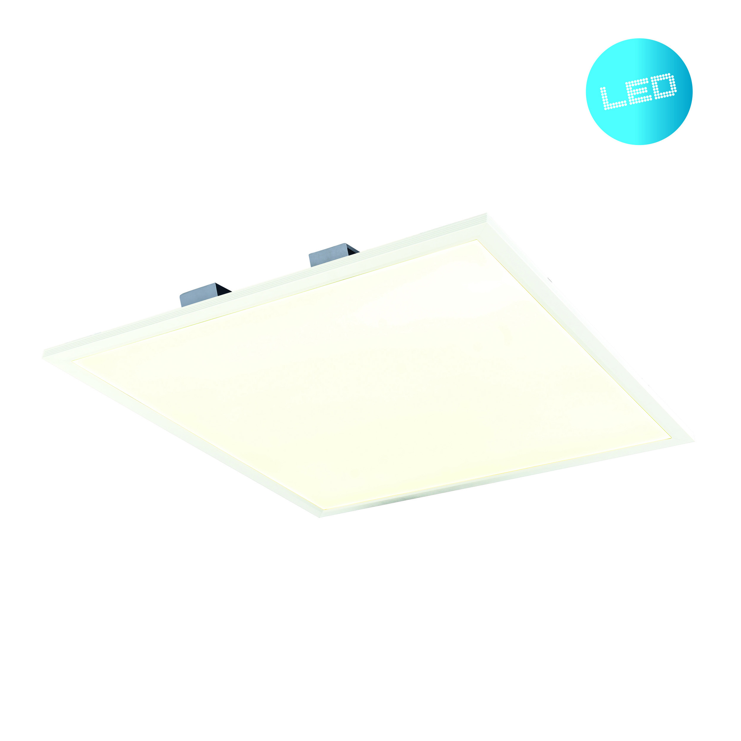Quadratische LED-Deckenleuchte mit blauem LED-Logo auf weißem Hintergrund.