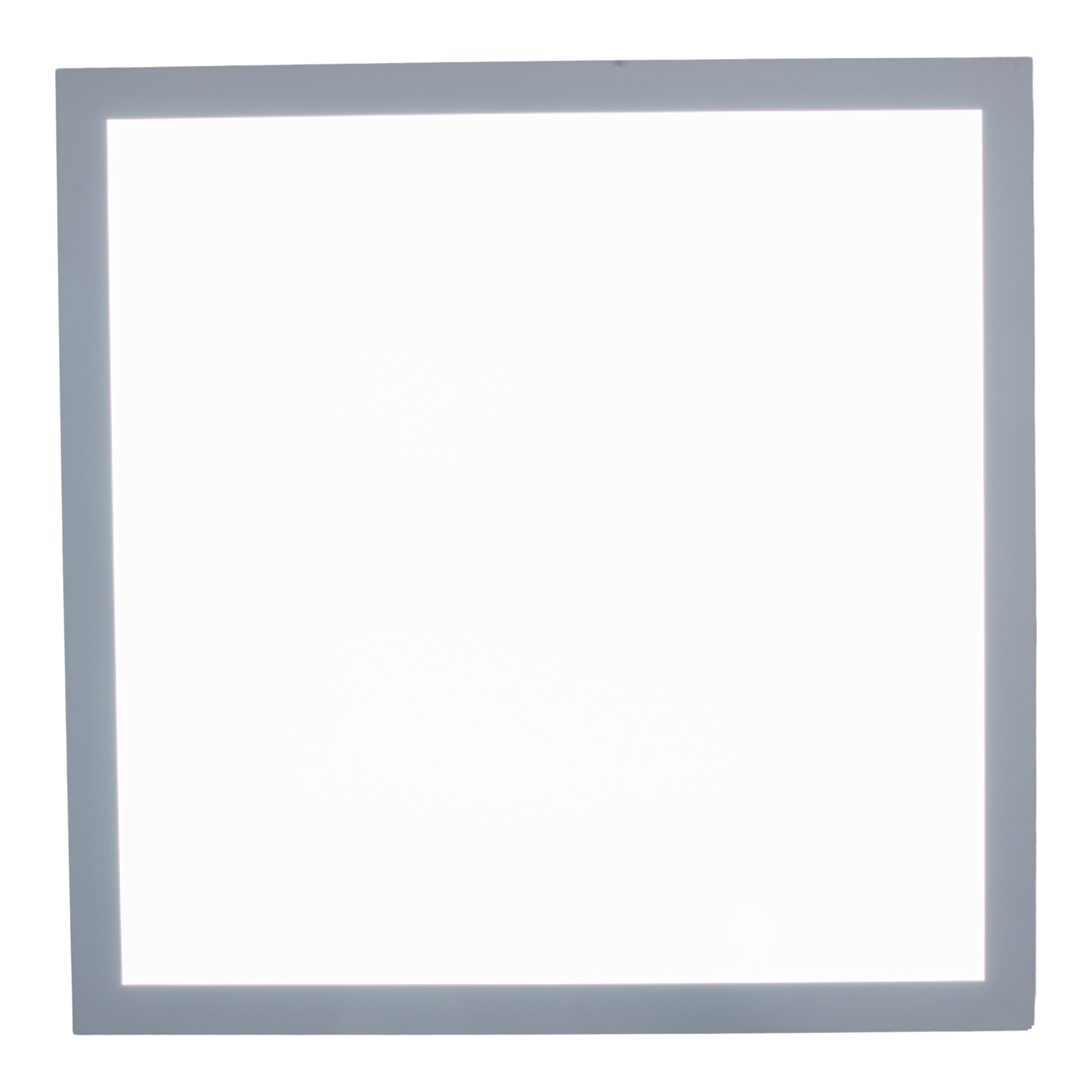 Ein quadratisches weißes LED-Panel, das Licht emittiert, mit einem grauen Rahmen.