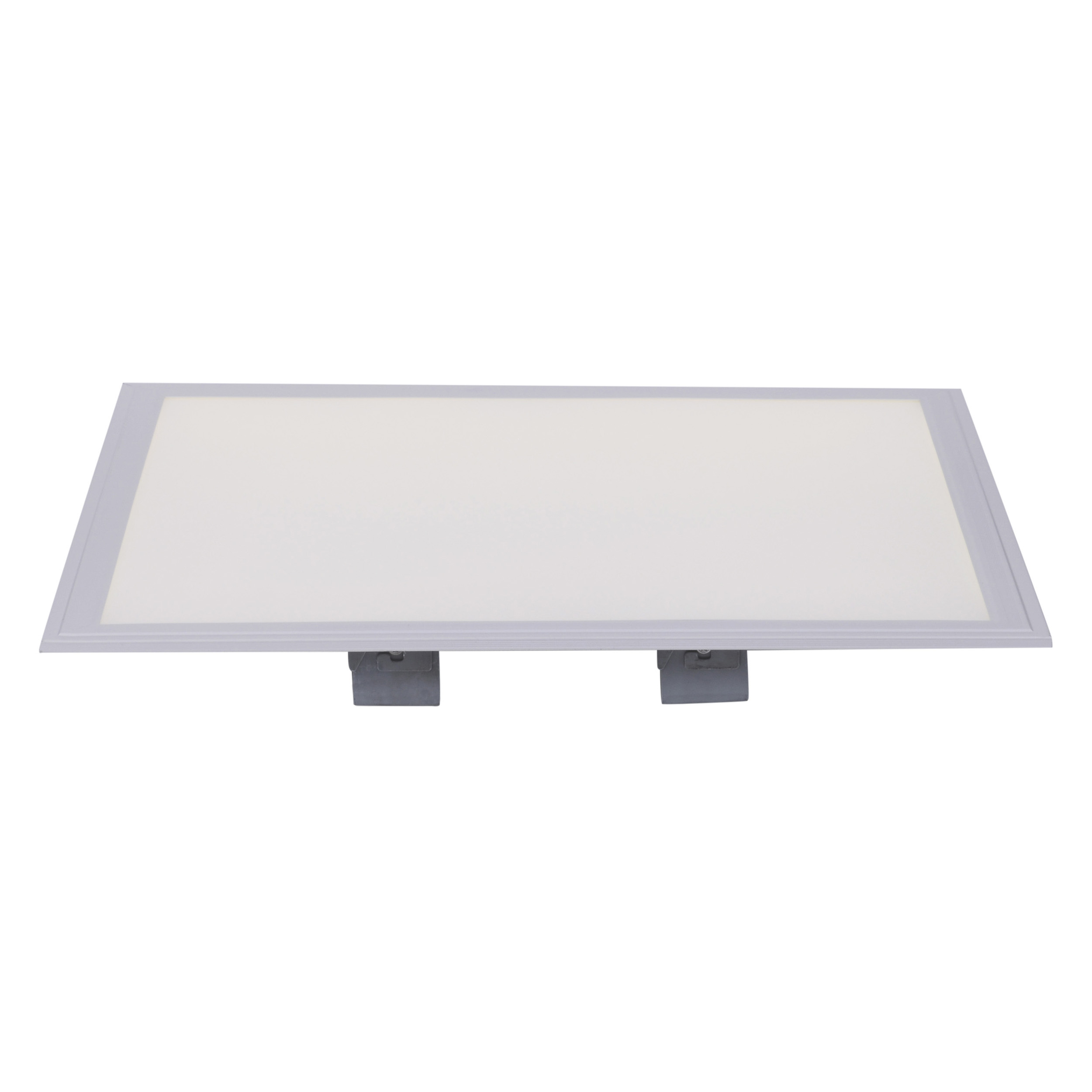 Ein rechteckiges LED-Panel-Licht, weiße Oberfläche, grauer Rahmen und zwei Befestigungsclips.
