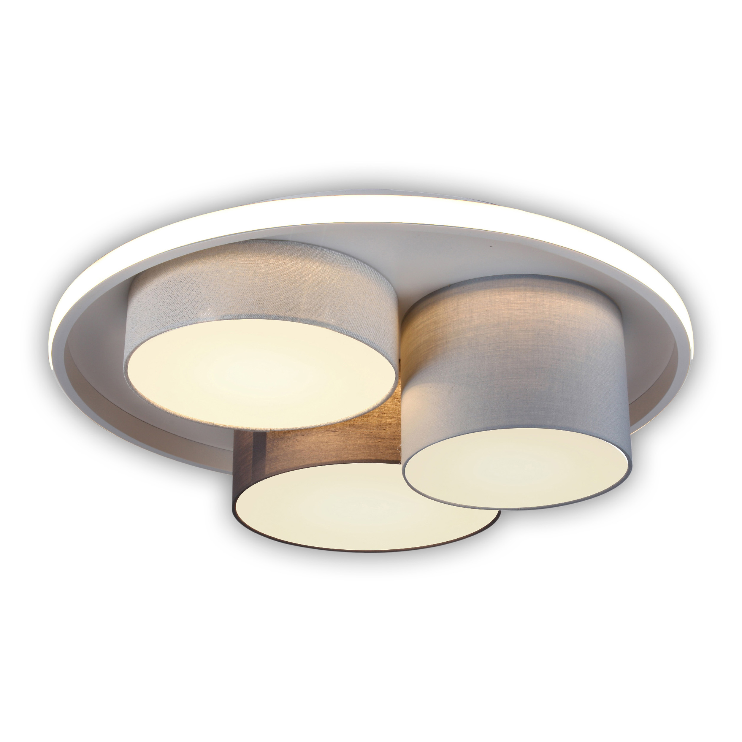 Runde weiße Deckenlampe mit drei Stoff-Lampenschirmen in Grau und Schwarz. Weißer Hintergrund.